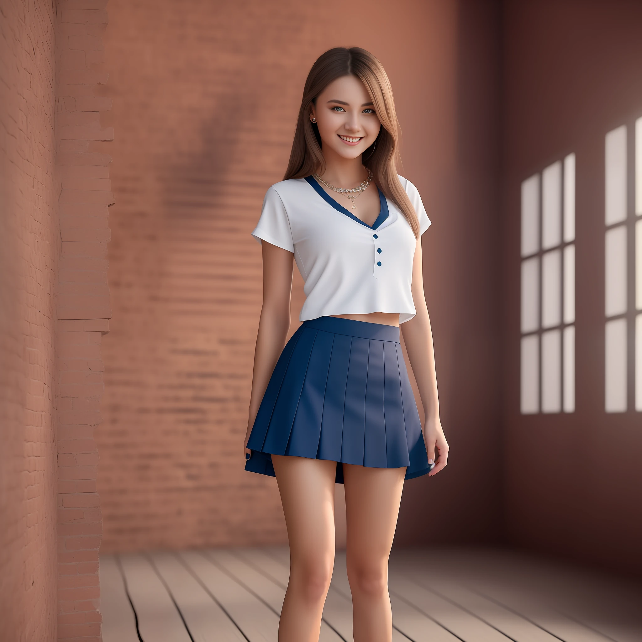 masterpiece), best quality, realistic, ultra-detailed CG, 8k HDR wallpaper, portrait of a beautiful 23-year-old Hungarian girl named Bobungda Tuni, wearing a skirt, full-body pose, eye-catching smile on her face, isolated from the background, alone, single image