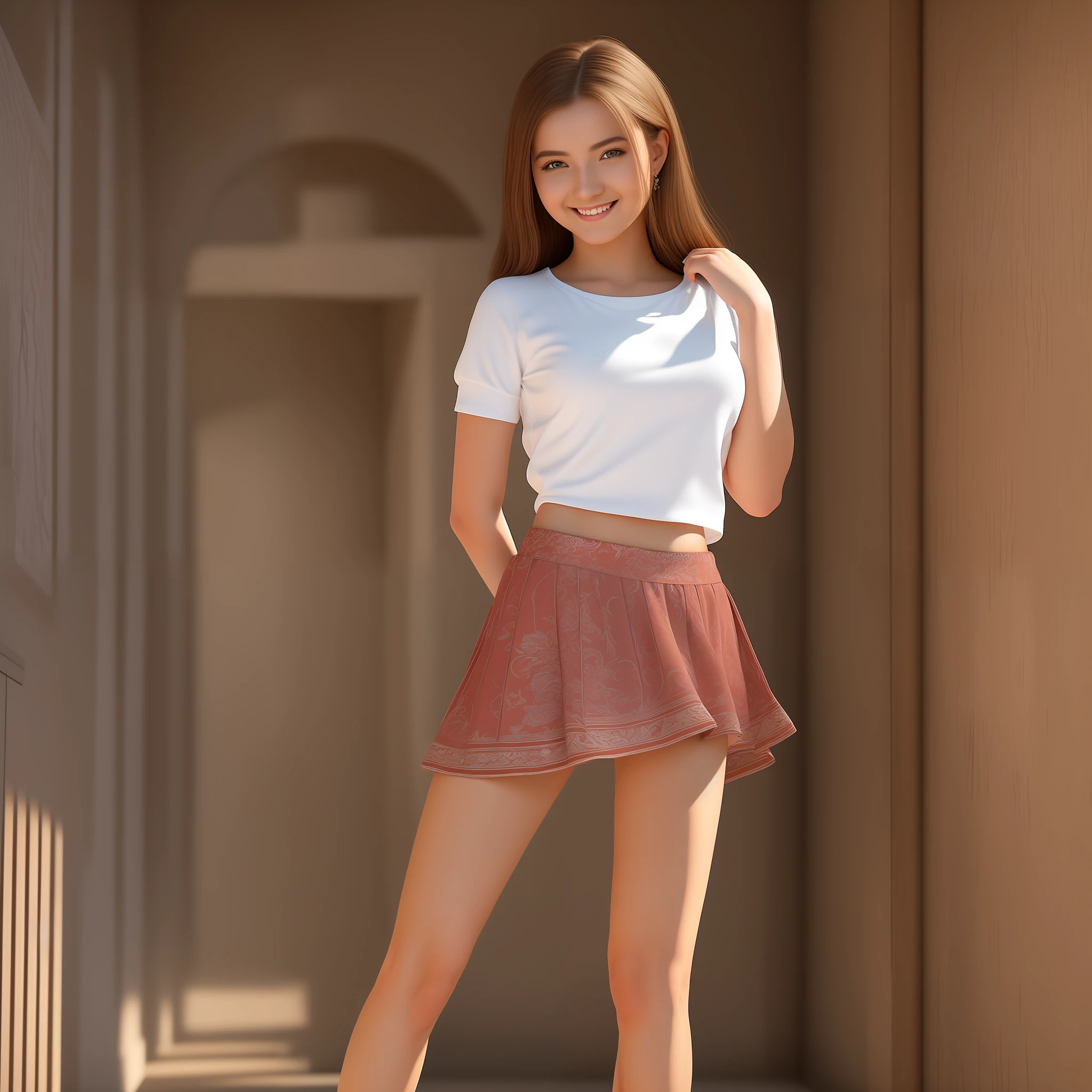 masterpiece), best quality, realistic, ultra-detailed CG, 8k HDR wallpaper, portrait of a beautiful 23-year-old Hungarian girl named Bobungda Tuni, wearing a skirt, full-body pose, eye-catching smile on her face, isolated from the background, alone, single image