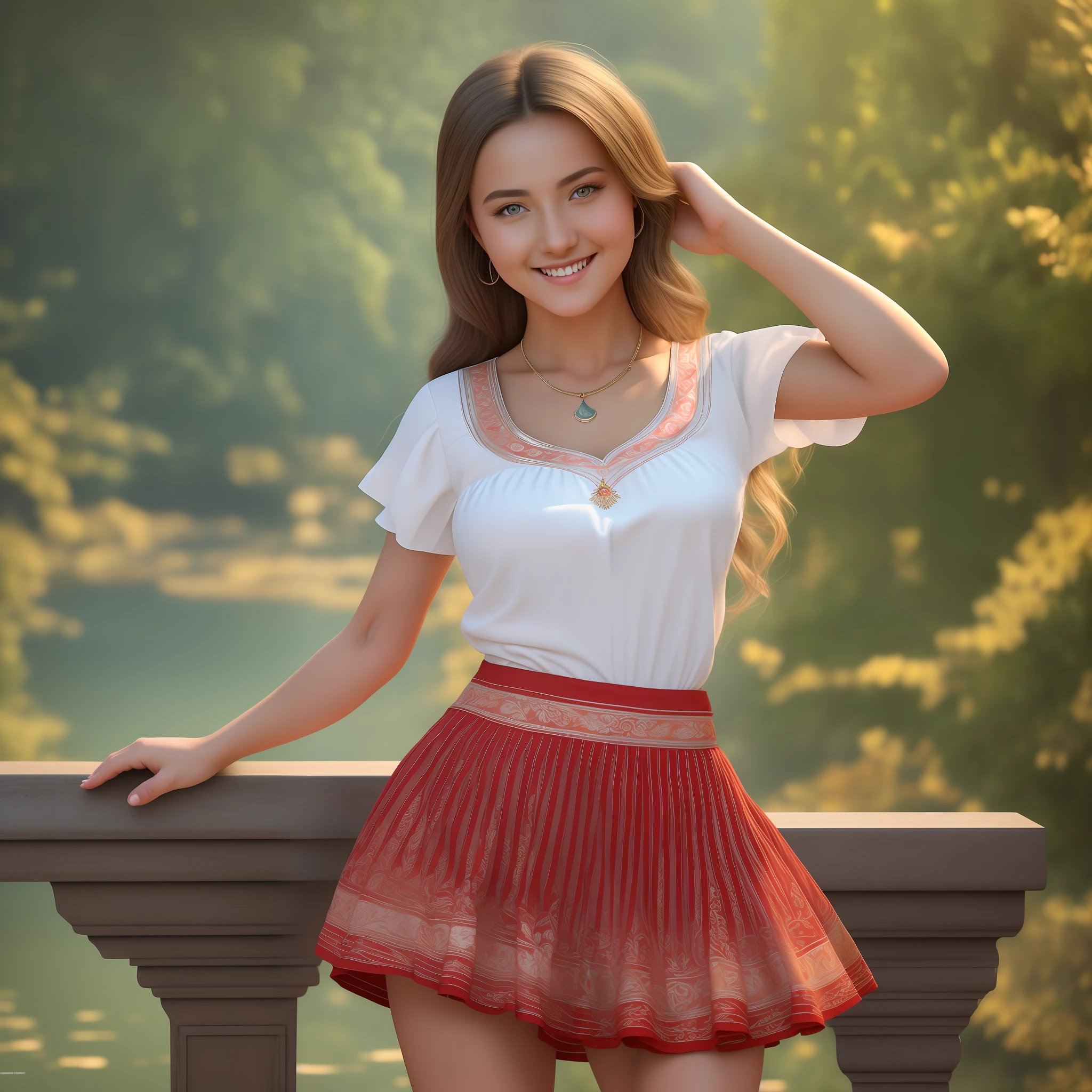 masterpiece), best quality, realistic, ultra-detailed CG, 8k HDR wallpaper, portrait of a beautiful 23-year-old Hungarian girl named Bobungda Tuni, wearing a skirt, full-body pose, eye-catching smile on her face, isolated from the background, alone, single image