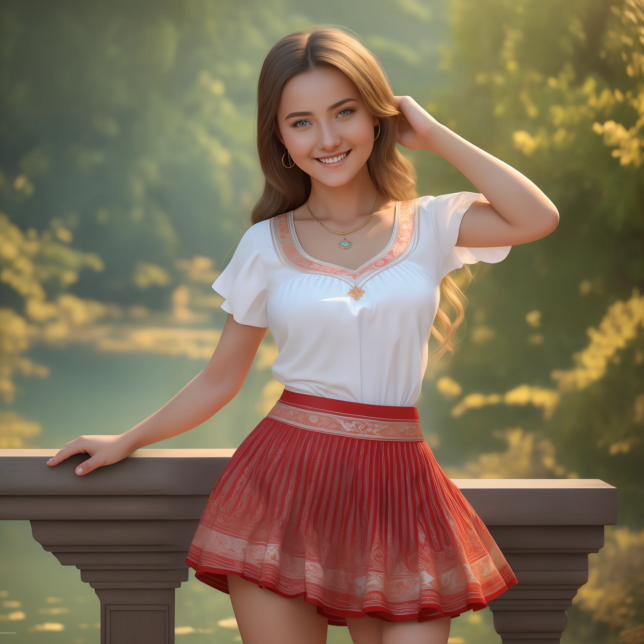 masterpiece), best quality, realistic, ultra-detailed CG, 8k HDR wallpaper, portrait of a beautiful 23-year-old Hungarian girl named Bobungda Tuni, wearing a skirt, full-body pose, eye-catching smile on her face, isolated from the background, alone, single image