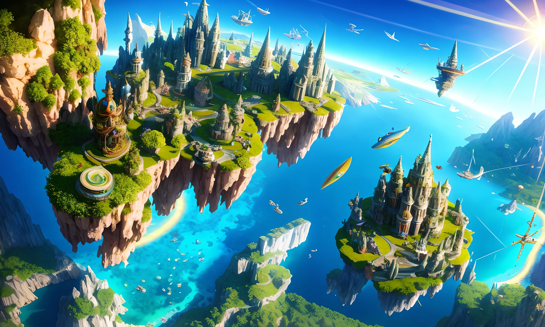 Many islands suspended in the air, many small airships flying around, cities, fantasy, magical plant growth, extreme details, realistic light, epic composition, (intricate details), (complex design, hyper-detail: 1.2), art station, (masterpiece, best quality), ultra HD, 32k (two-dimensional) --v 6