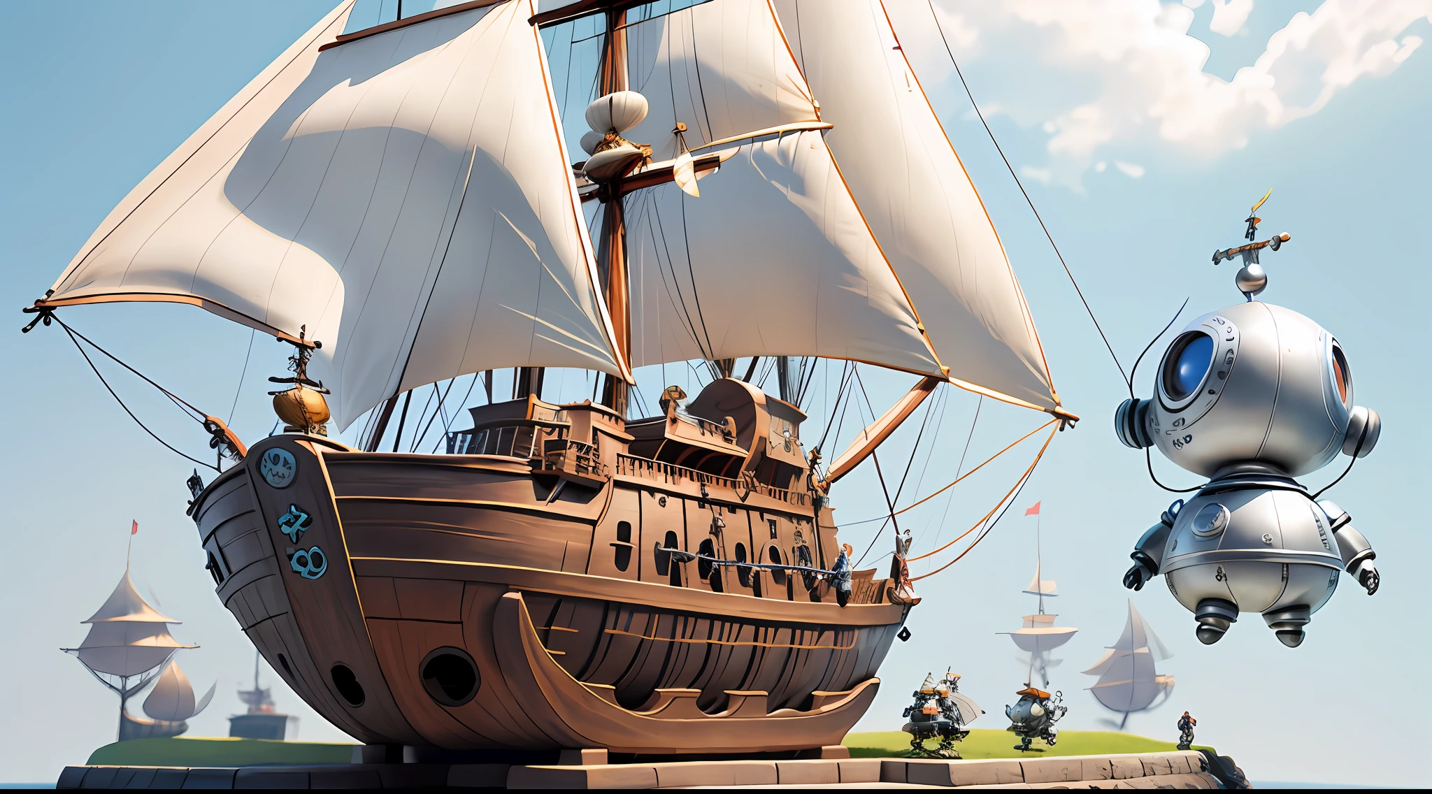 Round-shaped children's silver robot in a pirate ship scenario