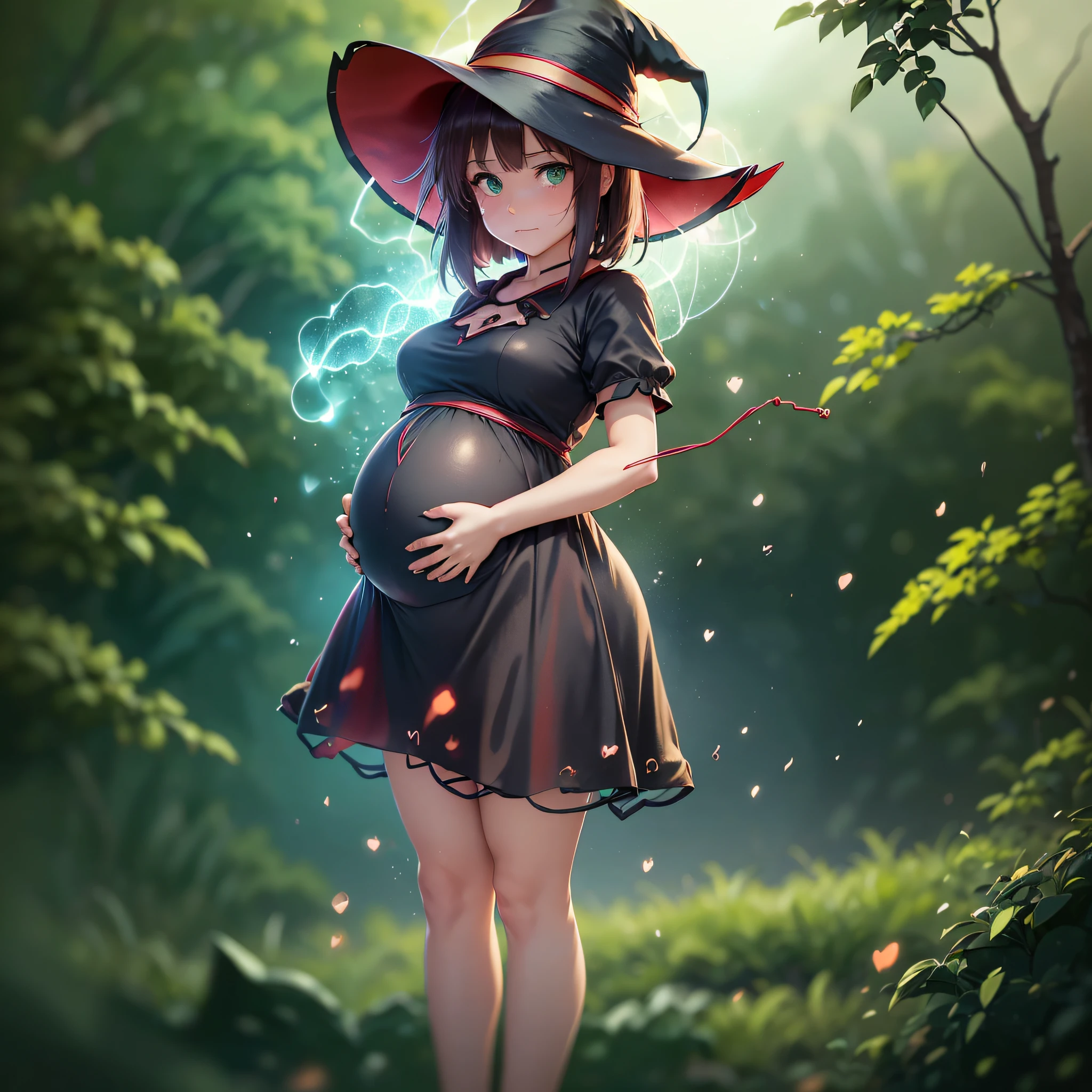 1 girl, solo, short sleeve, green eyes, looking at the viewer, crying, simple background, heart 1girl,( steam, string, megumin, witch hat, red dress, magic wand,pregnant, 9  pregnant, full body portrait --auto --s2