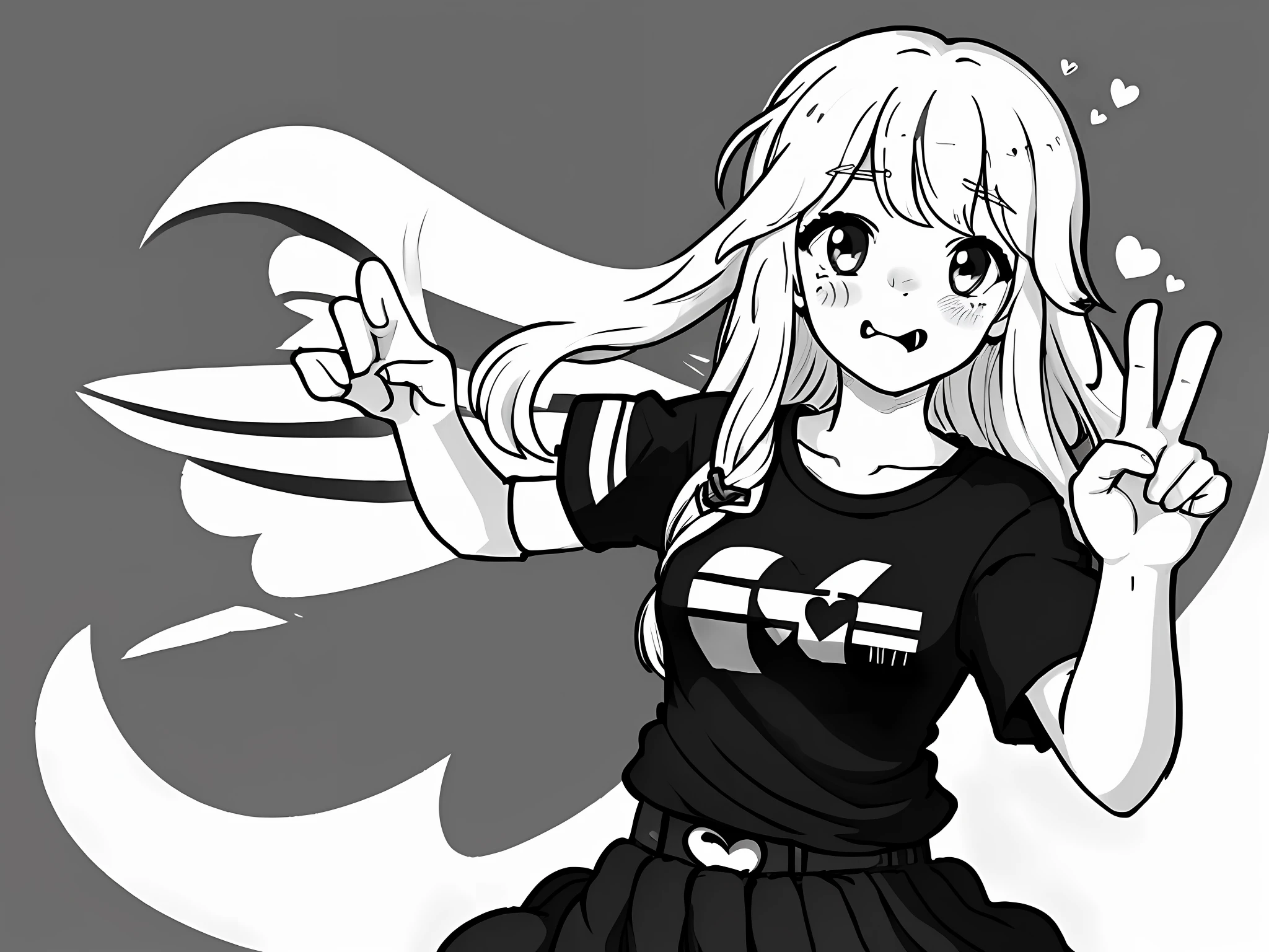 (((masterpiece))),Only lineart,1girl making peace sign with both hands, tongue out, embarrassed, hearts in the eyes, waist up,T-shirt print,black palette with white lines,no details,scketh,ahegao