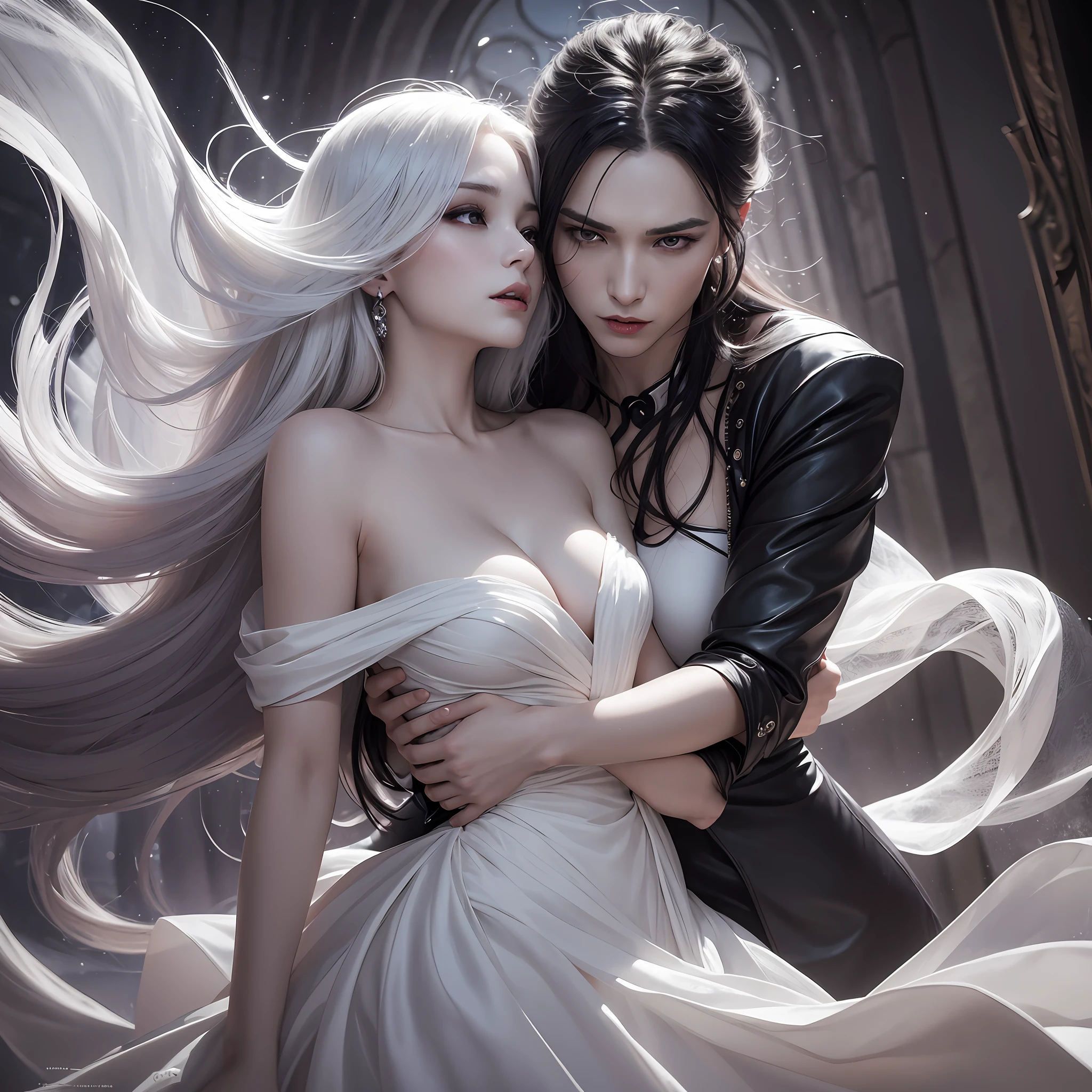 The illustration depicts a woman in a stunning white dress, flowing around her. The dress hugs her curves gently, emphasizing her elegance and grace. Her hair is loose, falling in gentle waves over her shoulders. Her face is carved into delicate strokes, with expressive eyes that reveal a mixture of determination and mystery, with a vampire leaning over the lady's neck, with sharp fangs on display. The expression on his face is intense and seductive, capturing the mysterious and dangerous nature of vampiric beings. The illustration creates a dramatic contrast between the beauty of the lady and the threat posed by the vampire, adding a layer of tension and intrigue to the horror scene --auto --s2