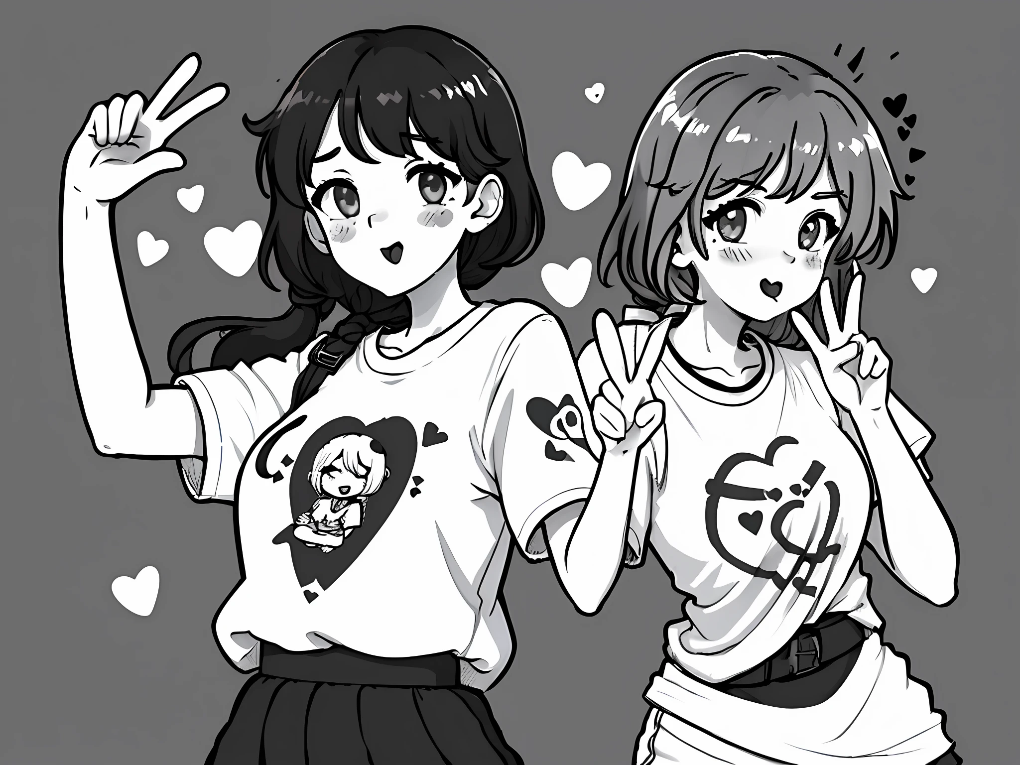 (((masterpiece))),Only lineart,1girl making peace sign with both hands, tongue out, embarrassed, hearts in the eyes, waist up,T-shirt print,black palette with white lines,no details,scketh,ahegao