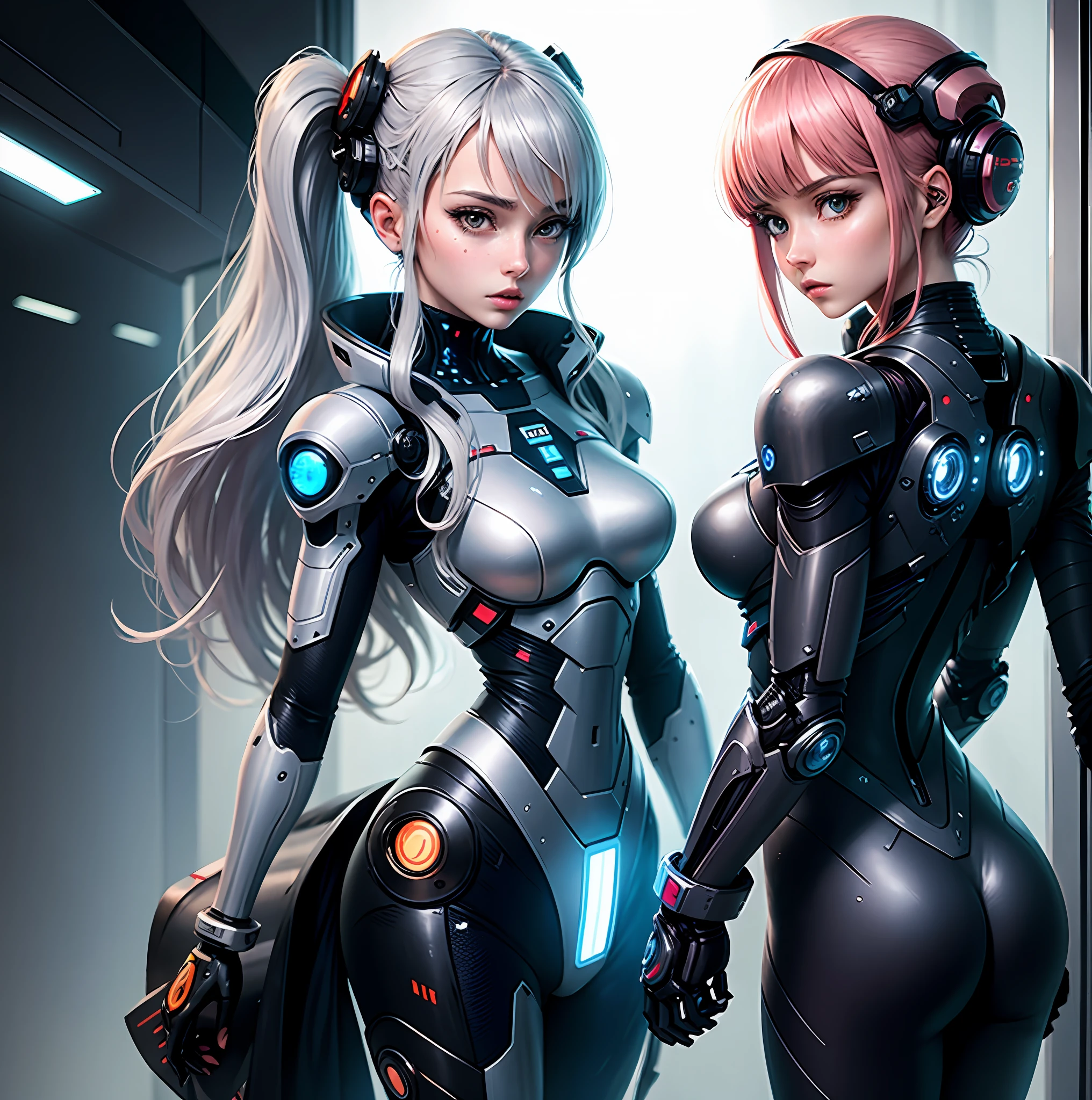 Anime, realistic, they are two women in futuristic costumes standing side by side, beautiful sci-fi twins, two robot teenage girls, cybersuits, cyborg girls, symmetry! , perfect anime cyborg woman, cyber Japanese style armor
