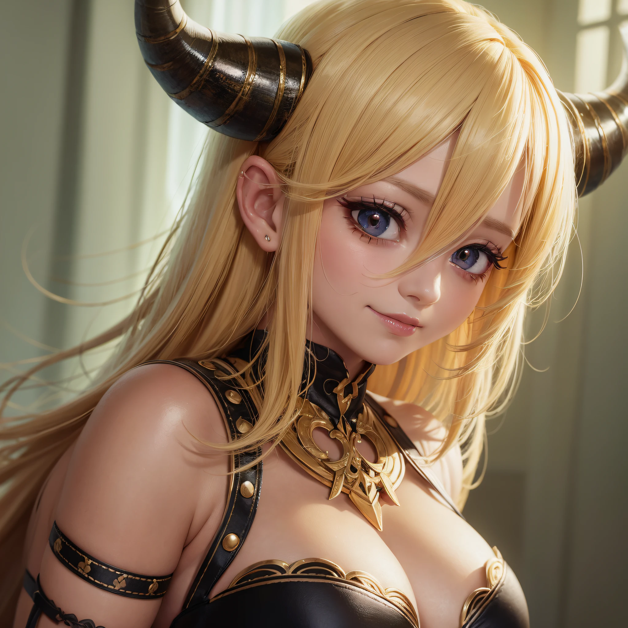 uma garota loira, light smile, blonde hair, demon horns, sleepy, eye reflection, dithering, Realism, 1080P, 4K, super detail, retina, textured skin --auto --s2