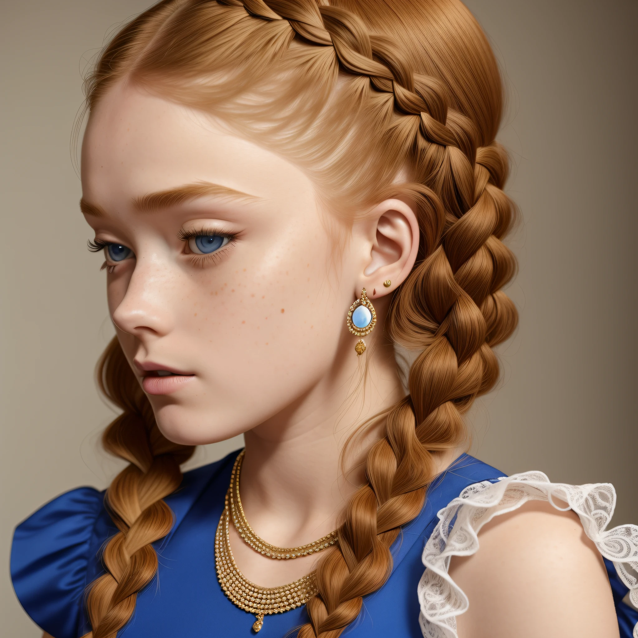 sadie sink, in the film la bete, by Walerian Borowczyk, erotic, 1girl, blonde_hair, blue_eyes, braid, breasts, dress, earrings, eyelashes, freckles, gem, hair_over_shoulder, jewelry, lips, long_hair, looking_at_viewer, mole, necklace, nose, puffy_sleeves, realistic, single_braid, solo, twin_braids, upper_body, headshoot frontal, short hair