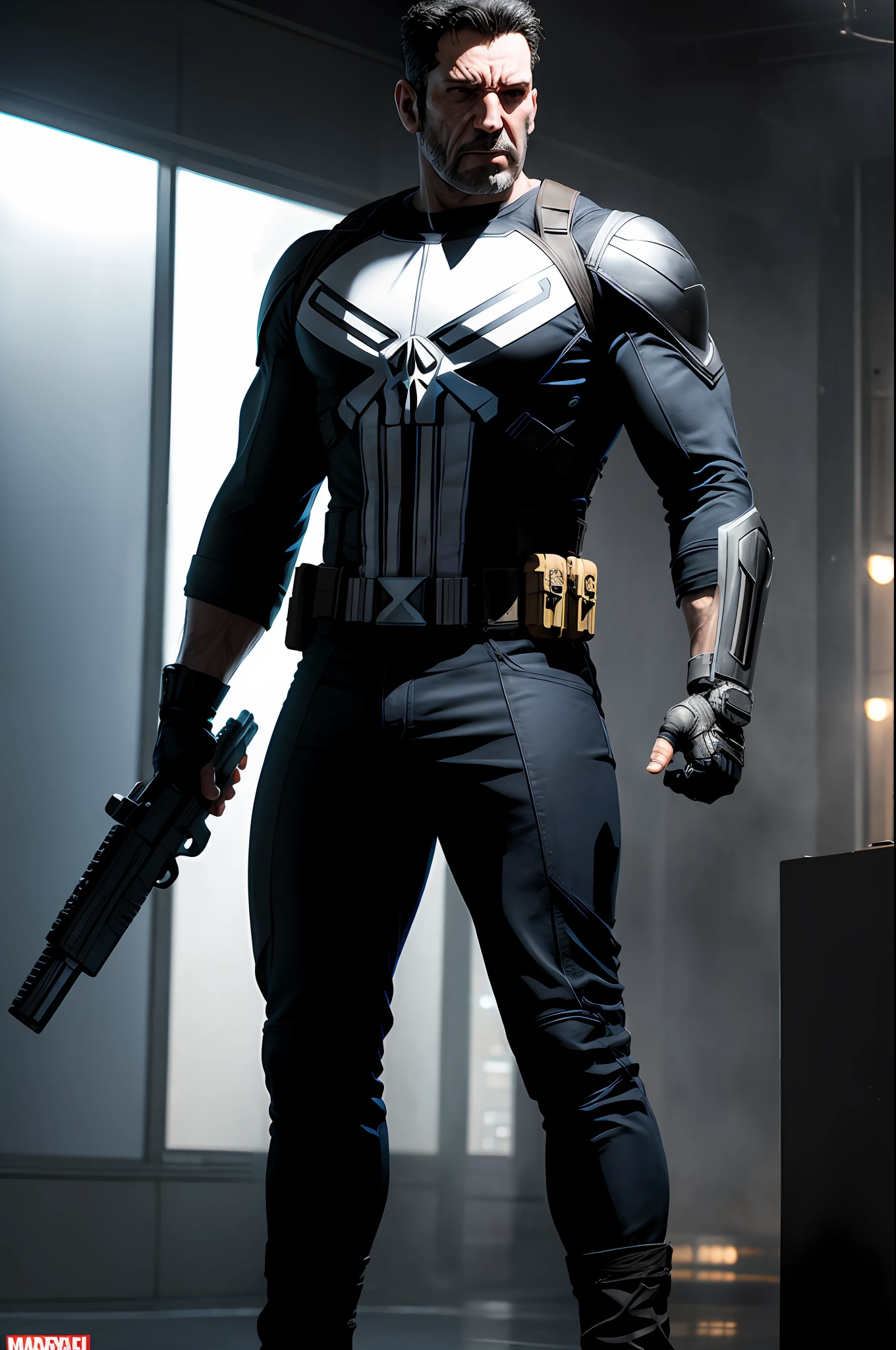 Marvel Comics, full body, punisher, realistically, dynamic lights, full footage, (extremely detailed 8k wallpaper of the CG unit), trend in ArtStation, trend in CGSociety, high detail, sharp focus, dramatic, photorealistic.