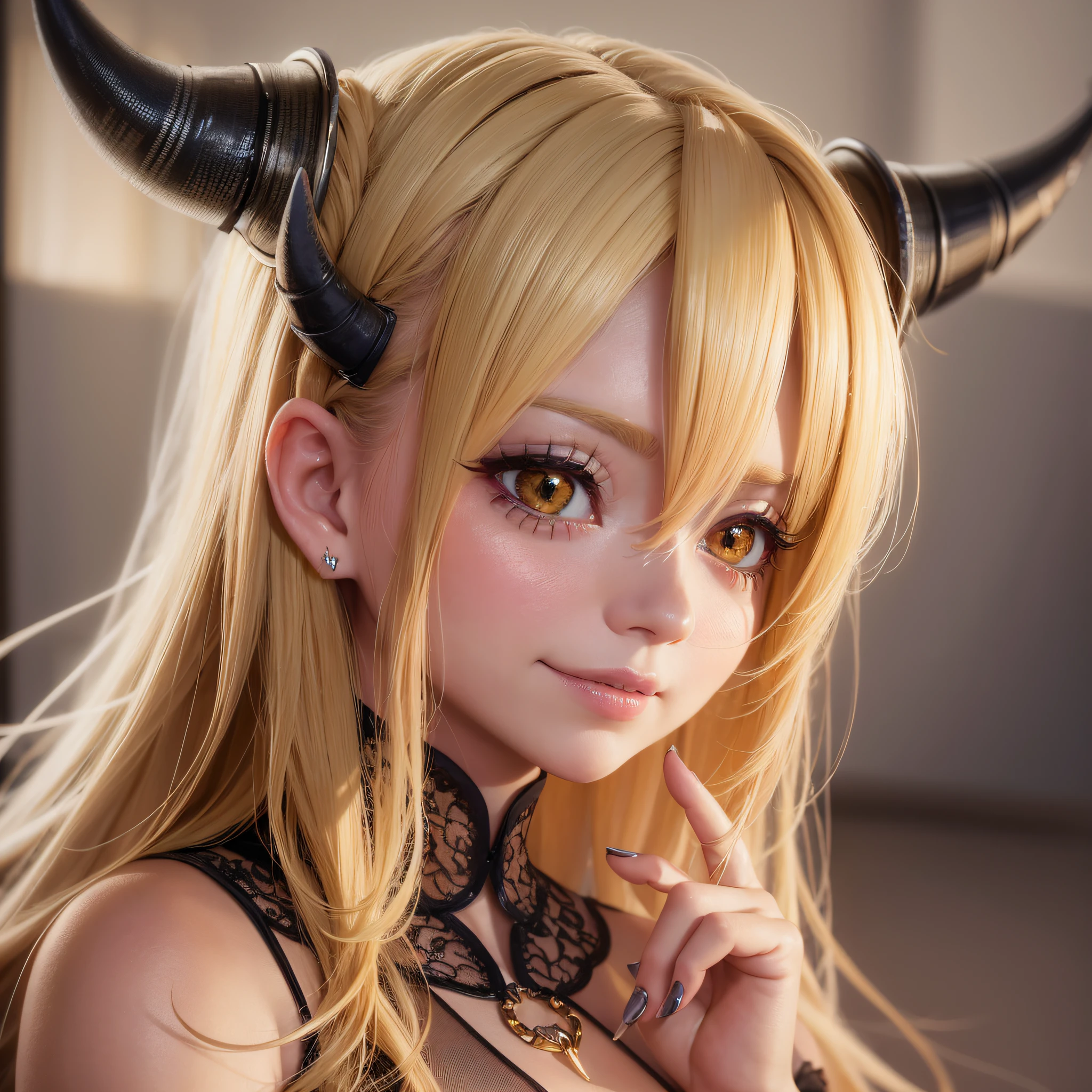 uma garota loira, light smile, blonde hair, demon horns, sleepy, eye reflection, dithering, Realism, 1080P, 4K, super detail, retina, textured skin --auto --s2