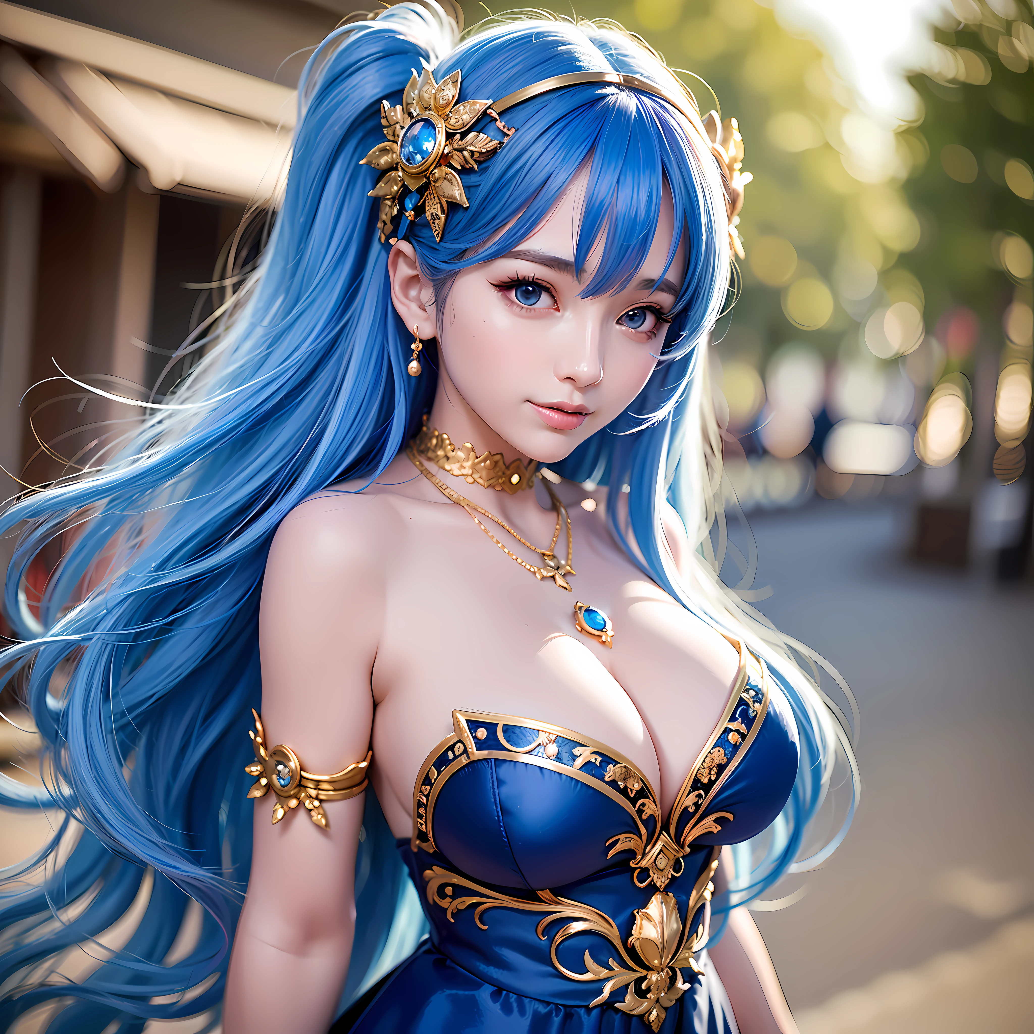 unparalleled masterpiece, ultra realistic 8k CG, perfect artwork, ((perfect female figure)),1girl, (ulzzang-6500:1), kpop idol, best quality, (looking at viewer:2),game cg,\nblurry background,outdoors,((( large breast,upper body,smile))) Sona \\(league of legends\\), blue hair, blue eyes, gradient hair, collarbone, twintails, hair ornament, long hair, blue dress, breasts, close-up, portrait,hair ornament,necklace, jewelry,gold trim on clothes,Beautiful face,
