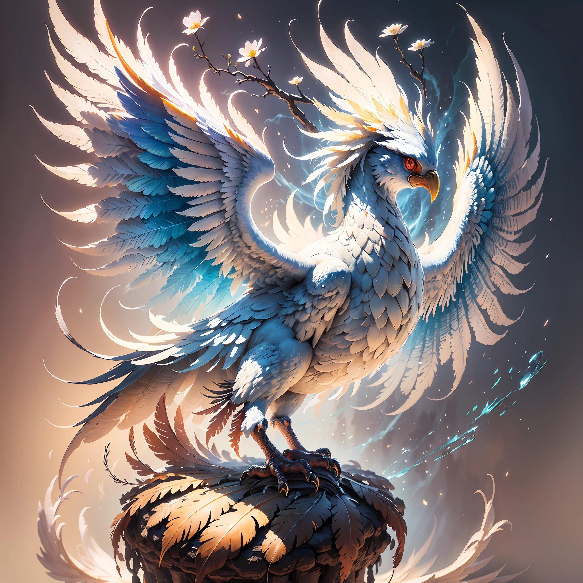 (Concept Art + Surrealism), (Ultra Detailed CG 3D Oil Painting, Majestic Phoenix Bird White Frost Feathers + Surreal Background Flowers), (Watercolor Effect + Oil Painting Effect + Magic Effect), (Fantasy + Fairy Tale) --auto --s2