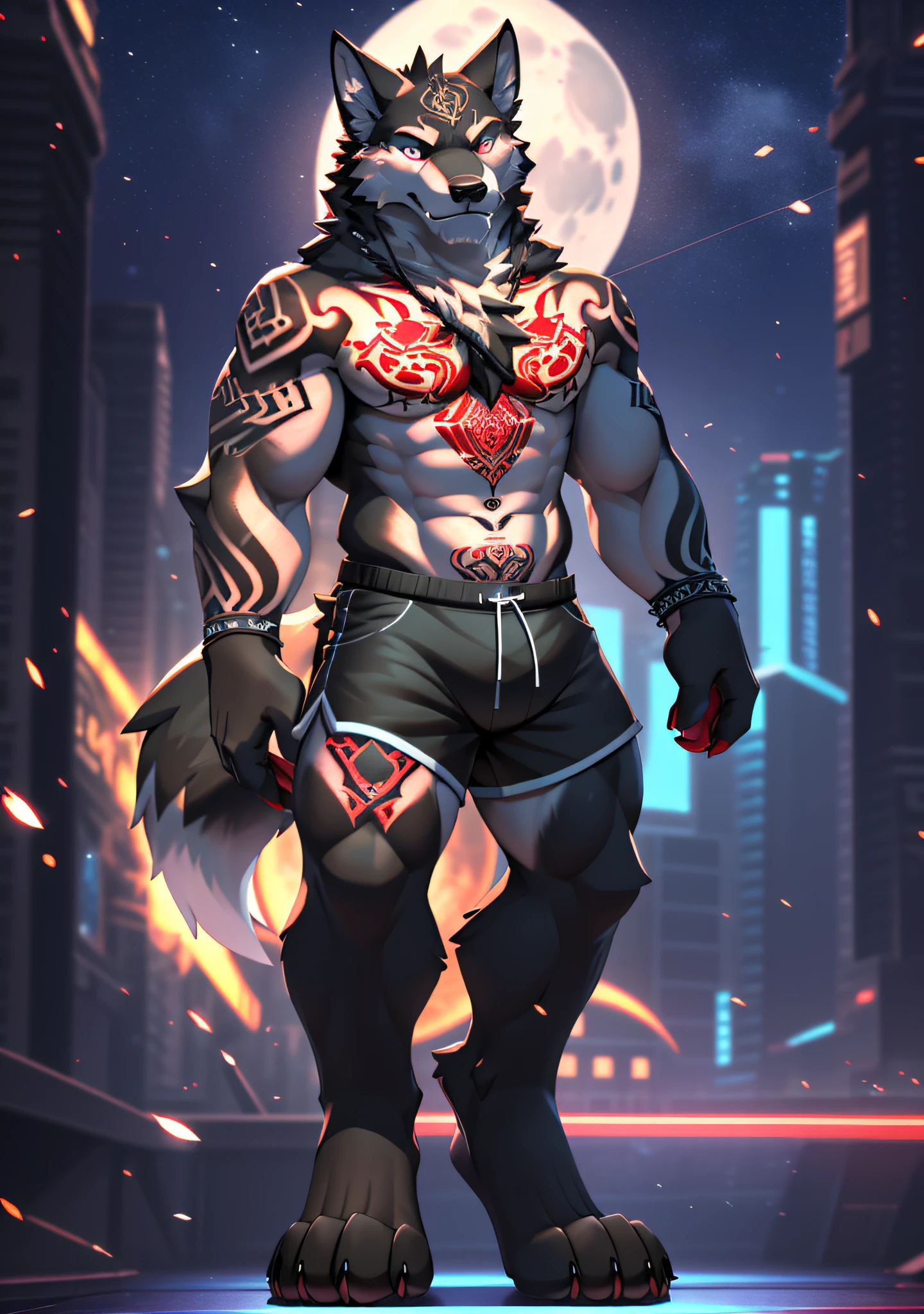 wolf, man, ((black skin, extremely detailed body, detailed paws, serious expression, 4k, 8k, ultra-detailed)) (perfect anatomy), detailed hands, ((heterochromia, blue right eye, red left eye, extremely detailed eyes)), ((chest tattoo, red tattoo, waning moon tattoo)), full body, full body view, cinematic lighting, professional lighting, centered, looking at camera, 8k, 3d shader, maximum focus, depth of field, perfect lighting, light particles, (best quality), (ultra detailed), sharp focus, light particles, standing, black shorts, standing, detailed legs, detailed paws,