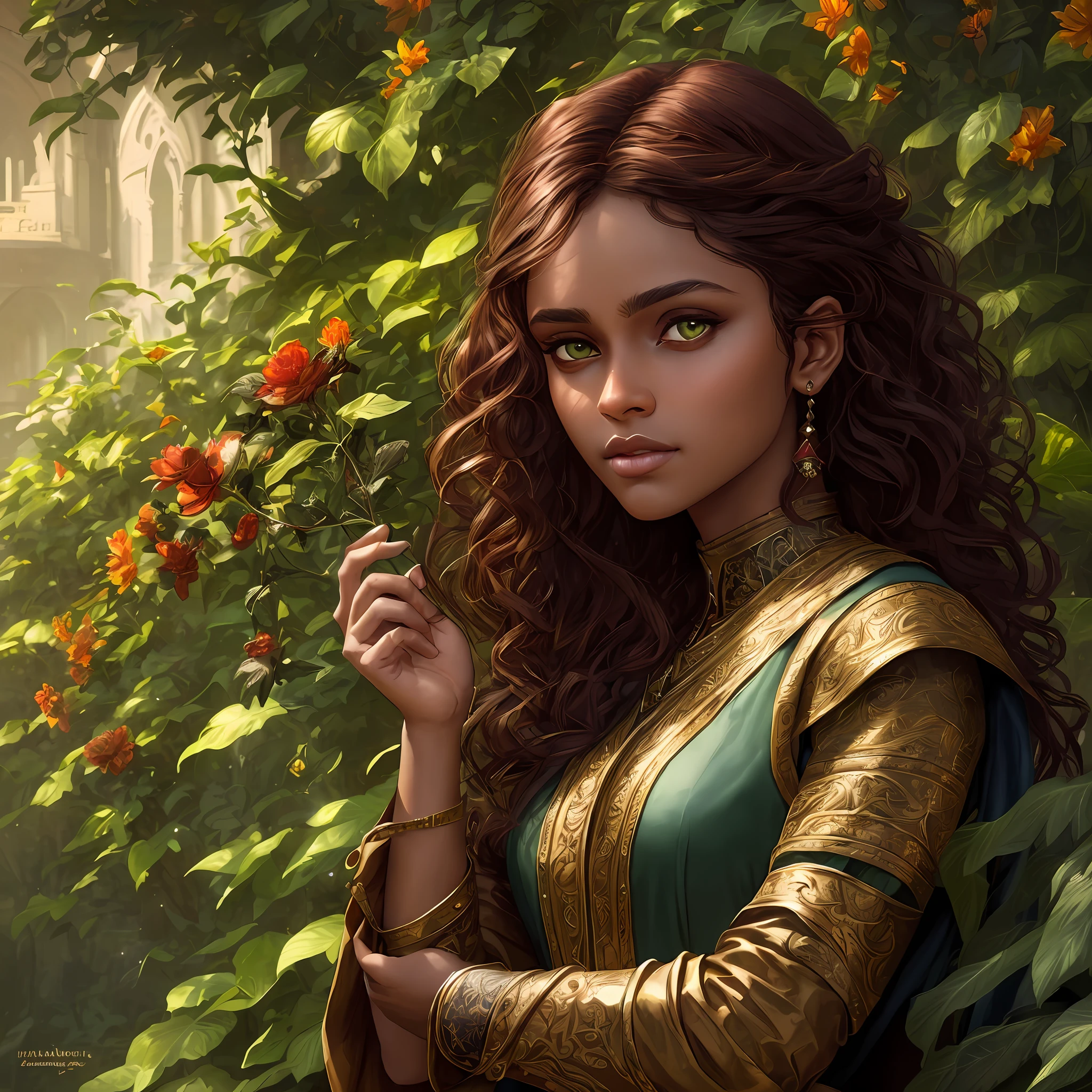 raudha athif, green eyes, brown skin, dark skin, detailed, beautiful, 18 years old, reddish brown hair, dark red golden hair, medium, curly, armed and messy hair, detaiiled perfect green eyes, delicate symmetric realistic and beautiful face, (sunny garden backgroung), medieval lady dress, full body, masterpiece, fine detail, rich colors, dramatic lighting, extremely detailed, cinematic lighting hyperdetailed painting, luminism, Bar lighting, complex, 4k resolution concept art portrait by Greg Rutkowski, Artgerm, WLOP, Alphonse Mucha, little fusion pojatti realistic goth: a stunning realistic photograph