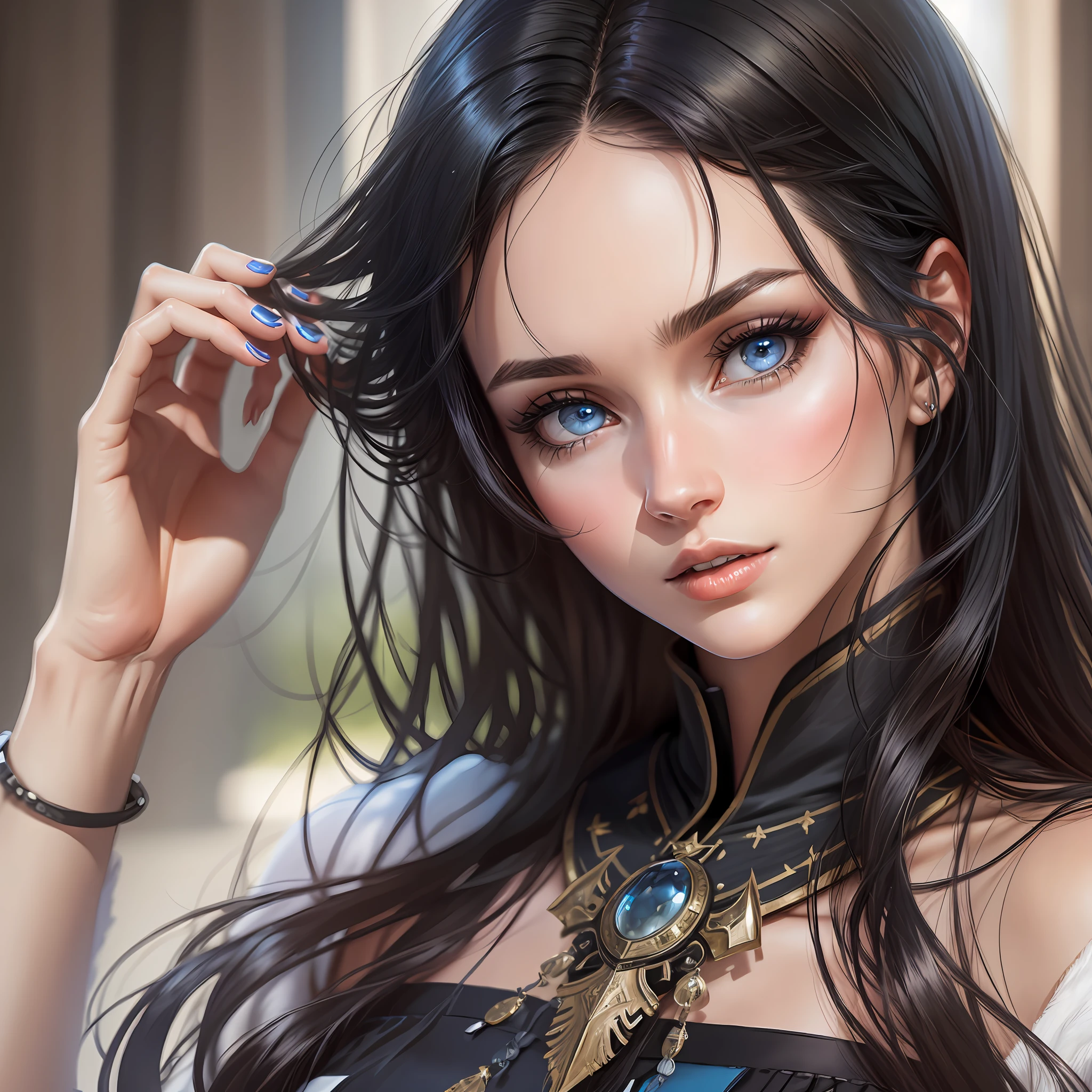 Beautiful tall woman with black hair and super realistic bluish eyes well detailed