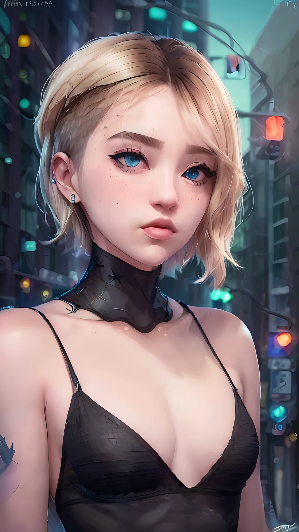 ((masterpiece)), (cinematic lighting), a close-up, beautiful stylized illustration of gwen_stacy, with a sidecut, asymetrical blonde hair, with incredibly detailed blue eyes and a beautiful detailed face, with parted lips, the side of her head shaved, bare shoulders, casual in the city, looking away, by jeremy mann, by sandra chevrier, by dave mckean and richard avedon and maciej kuciara, high detailed, 8k, samdoesart style