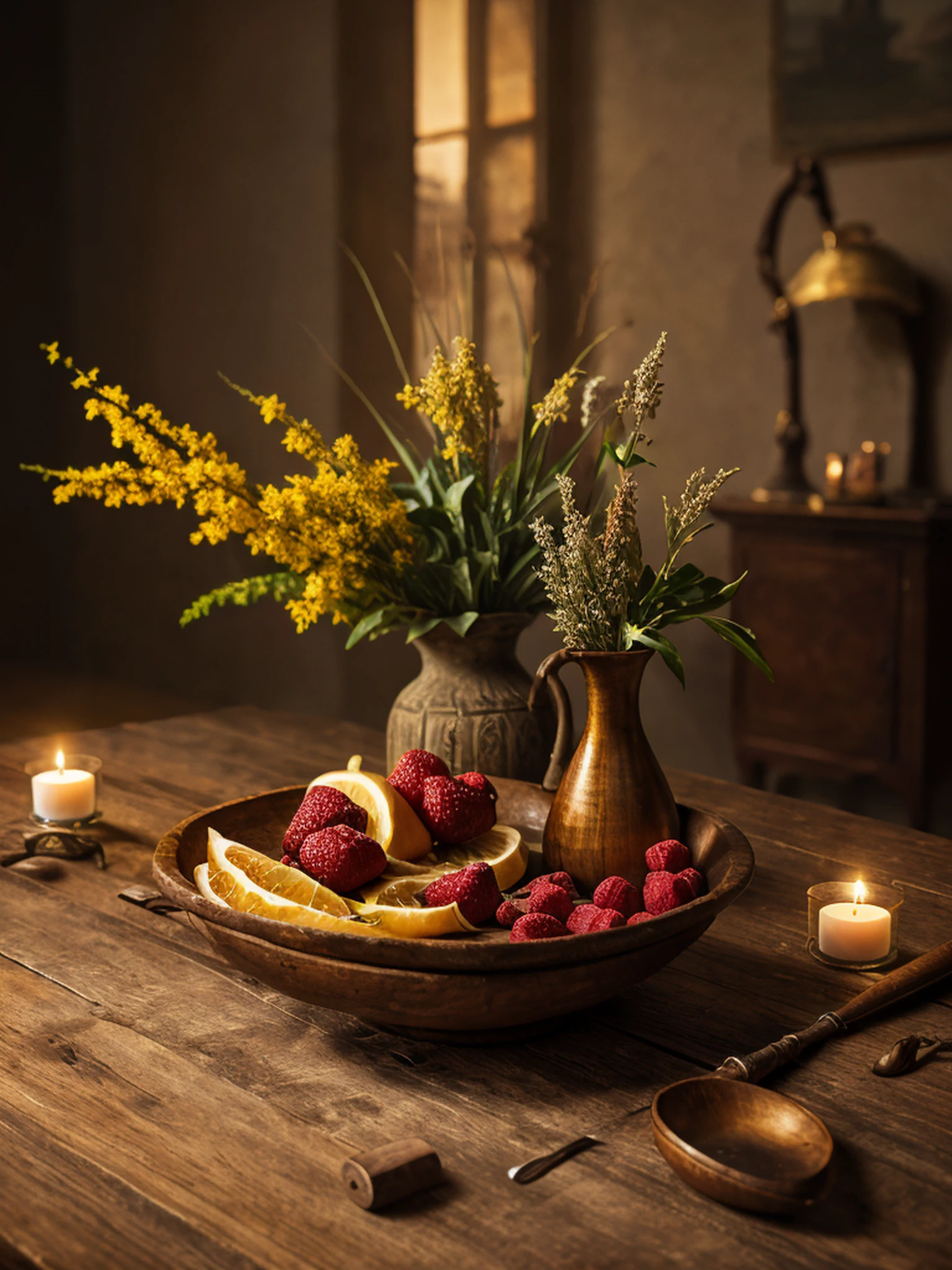 a bowl of fruits, a Stradivari violin, an old book, a candlestick, withering flowers, are on an old wooden table, ((objects in realistic scale)), soft candle light, close-up photo, RAW, 8k, uhd, perfect angle, outstanding details, ultra high resolution, (realism: 1.6), favor details, the background is a 18th century Baroque castle room environment, Bokeh, cinematics