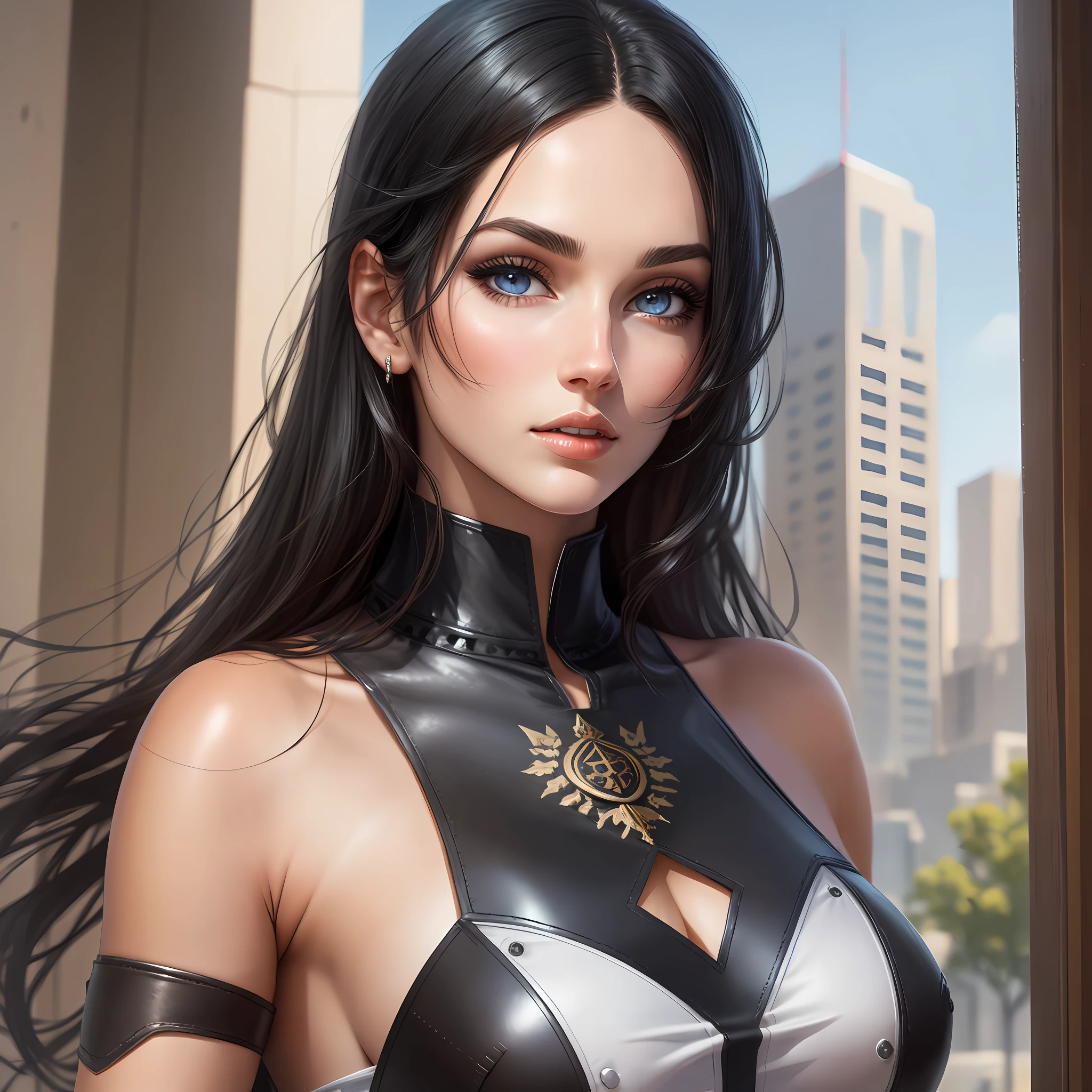 Beautiful tall woman with black hair and super realistic bluish eyes well detailed