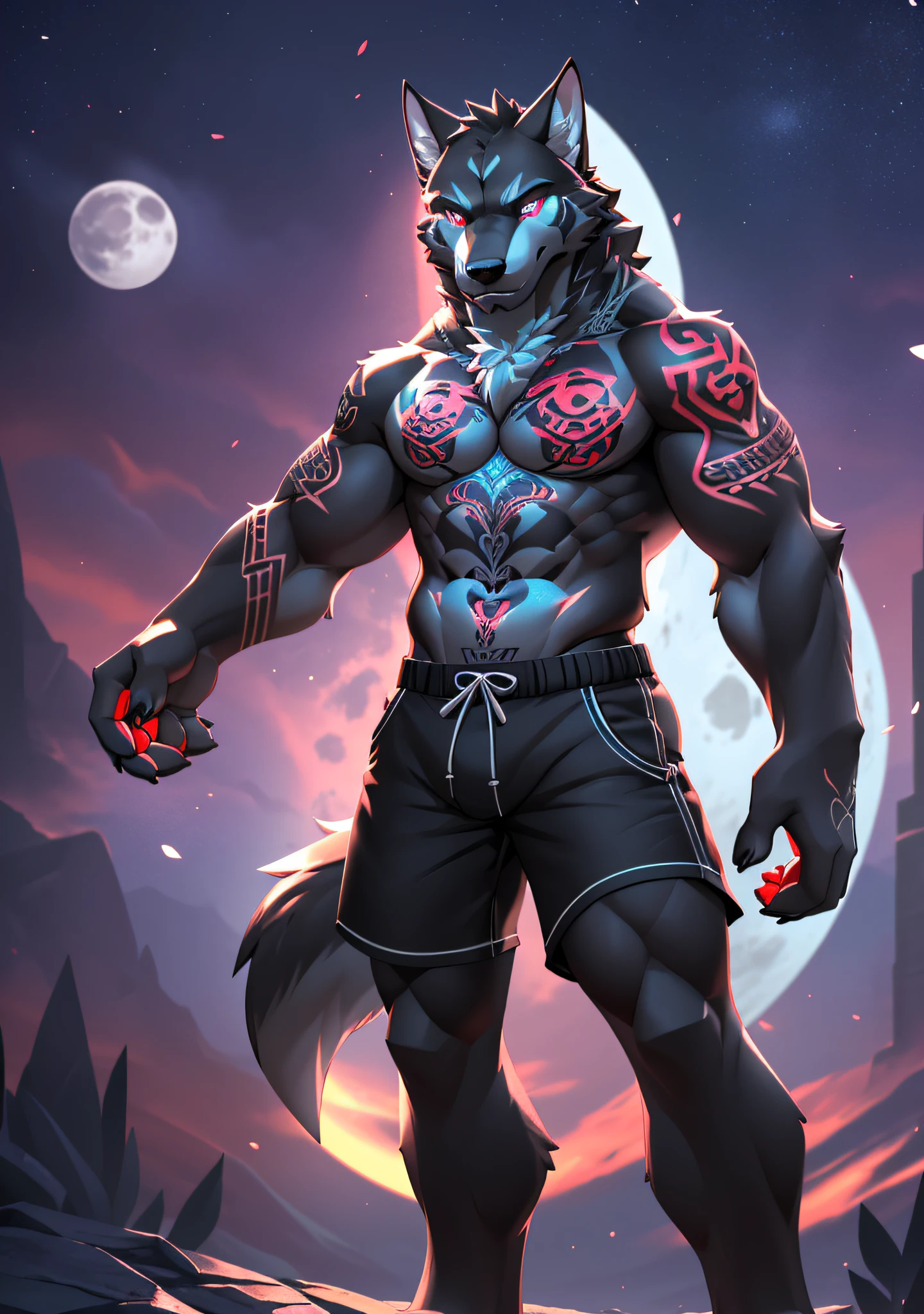 wolf, man, ((black skin, extremely detailed body, detailed paws, serious expression, 4k, 8k, ultra-detailed)) (perfect anatomy), detailed hands, ((heterochromia, blue right eye, red left eye, extremely detailed eyes)), ((chest tattoo, red tattoo, waning moon tattoo)), full body, full body view, cinematic lighting, professional lighting, centered, looking at camera, 8k, 3d shader, maximum focus, depth of field, perfect lighting, light particles, (best quality), (ultra detailed), sharp focus, light particles, standing, black shorts, standing, detailed legs, detailed paws,