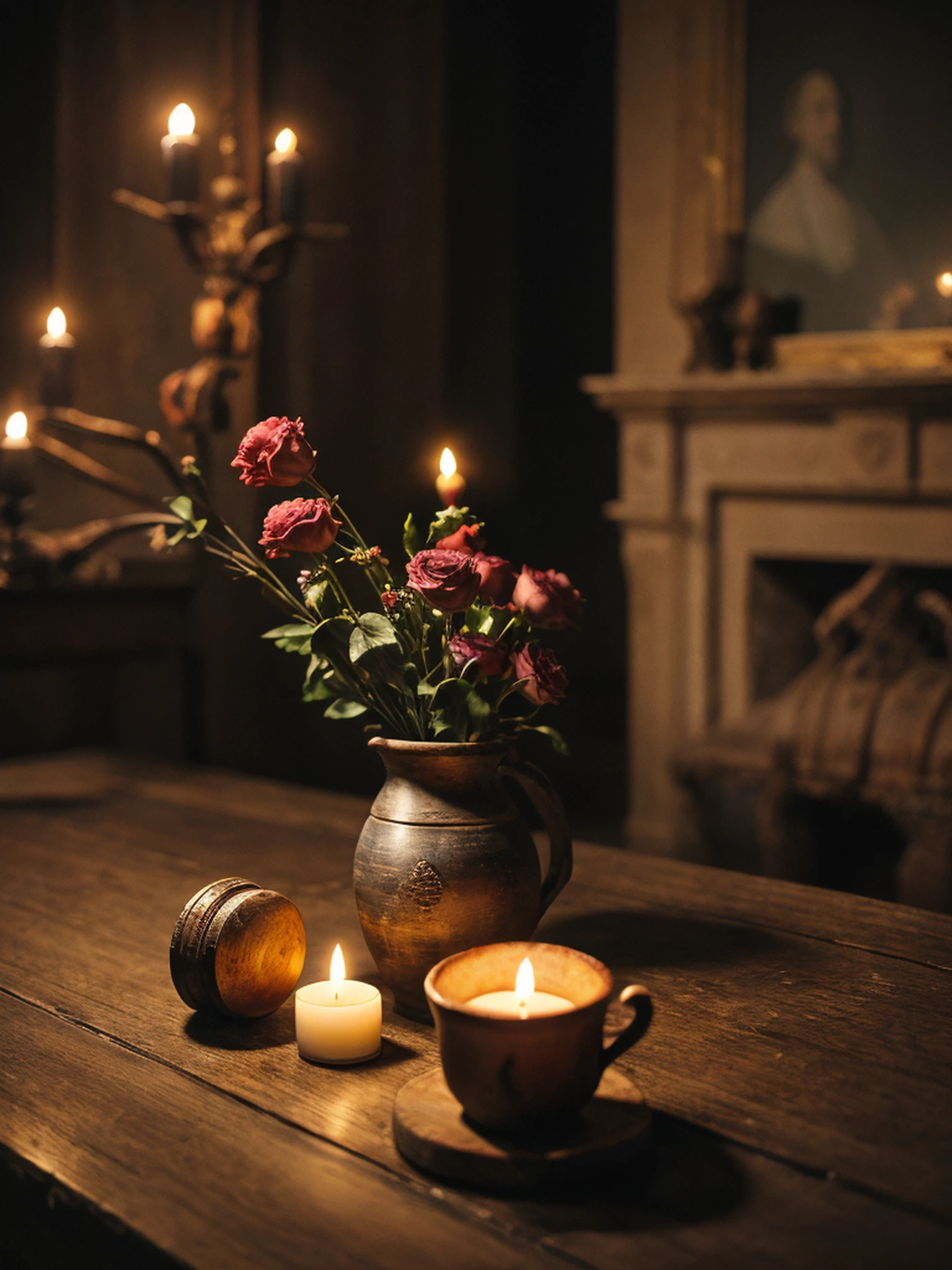 a bowl of fruits, a Stradivari violin, an old book, a candlestick, withering flowers, are on an old wooden table,  ((objects in realistic scale)), soft candle light, close-up photo, RAW,  8k, uhd, perfect angle, outstanding details, ultra high resolution, (realism: 1.6),  favor details, the background is a 18th century Baroque castle room environment, Bokeh, cinematics