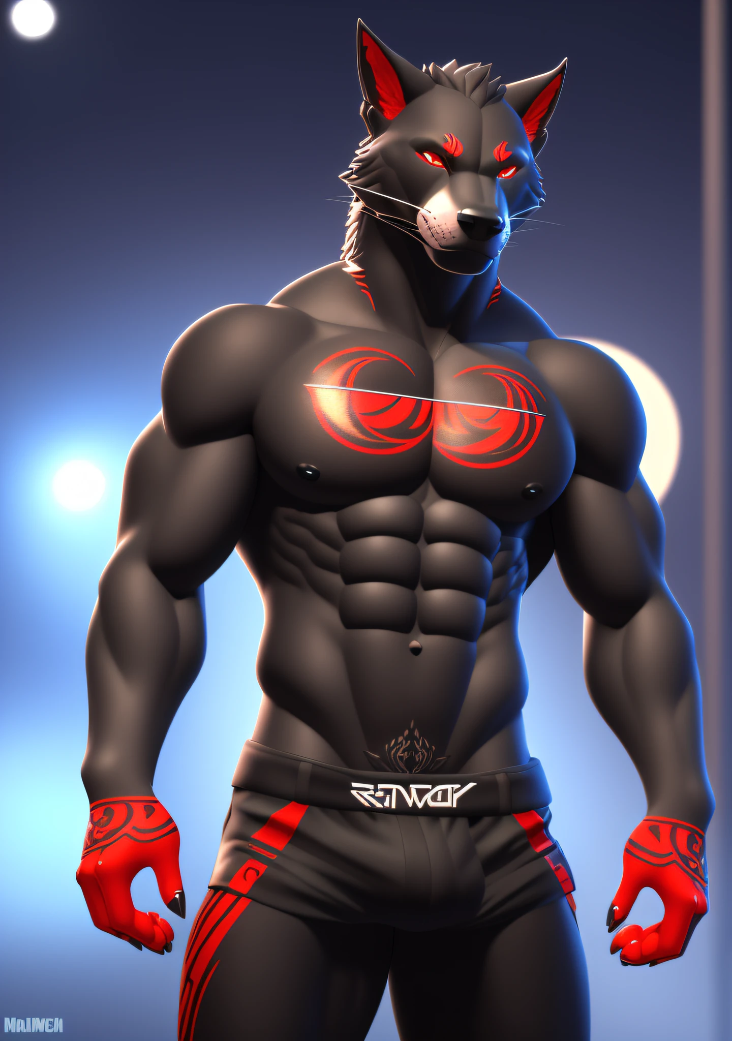 wolf, man, ((black skin, extremely detailed body, detailed paws, serious expression, 4k, 8k, ultra-detailed)) (perfect anatomy), detailed hands, ((heterochromia, blue right eye, red left eye, extremely detailed eyes)), ((chest tattoo, red tattoo, waning moon tattoo)), full body vision, cinematic lighting, professional lighting, centered, looking at camera, 8k, 3d shader, maximum focus, depth of field,  perfect lighting, light particles, (best quality), (ultra detailed), sharp focus, light particles, standing, black shorts, standing, detailed legs, detailed paws,