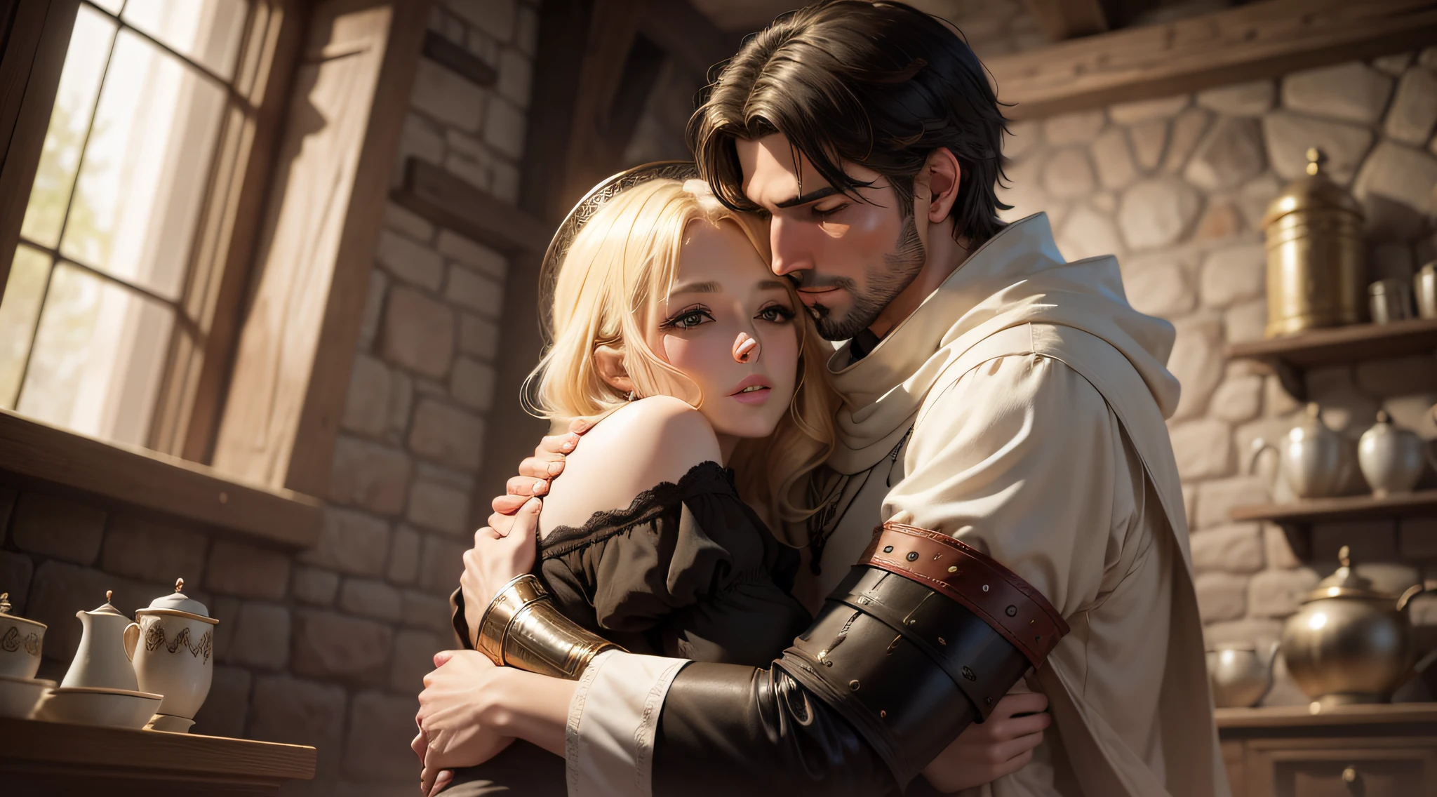 A blonde woman hugging a black-haired man in a medieval house, thank you, thank you.