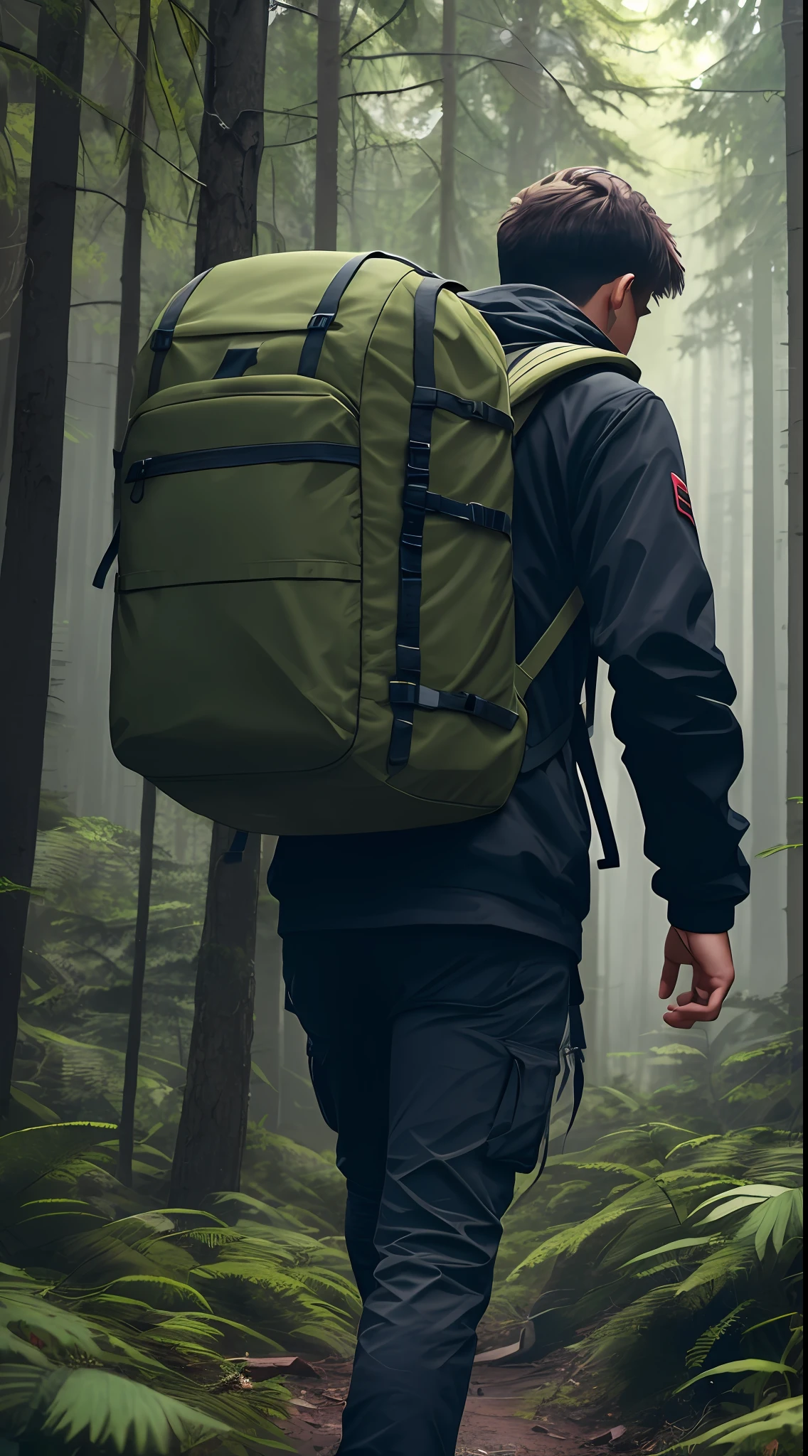 ung man walking on a trail, dense forest, wearing a torn clothes with a large backpack and a canteen in the syntura, UHD, super detailed, back view, precarious environment, survival, 4k
