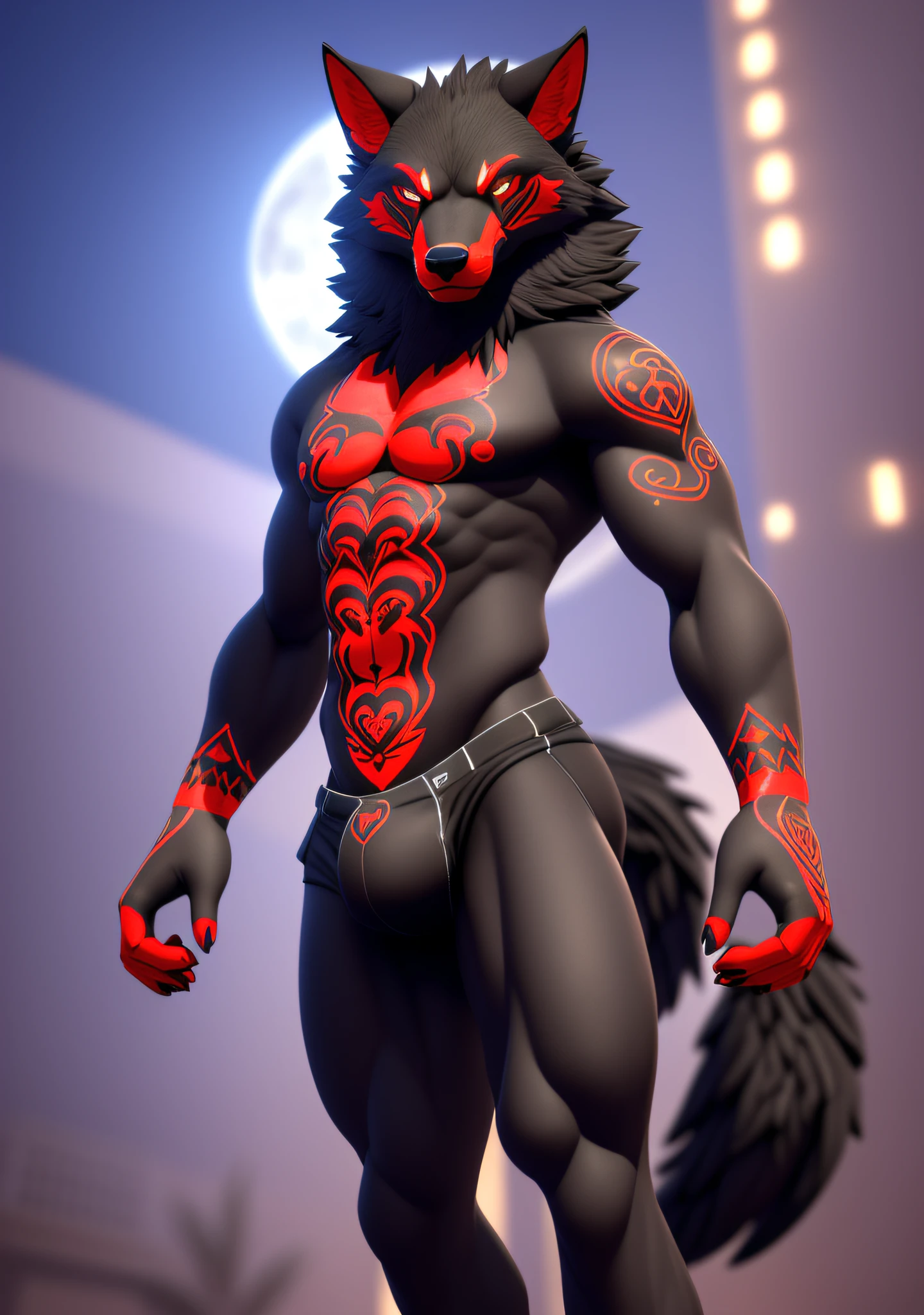 wolf, man, ((black skin, extremely detailed body, detailed paws, serious expression, 4k, 8k, ultra-detailed)) (perfect anatomy), detailed hands, ((heterochromia, blue right eye, red left eye, extremely detailed eyes)), ((chest tattoo, red tattoo, waning moon tattoo)), full body vision, cinematic lighting, professional lighting, centered, looking at camera, 8k, 3d shader, maximum focus, depth of field,  perfect lighting, light particles, (best quality), sharp focus, light particles, standing, black shorts, standing, detailed legs, detailed paws,