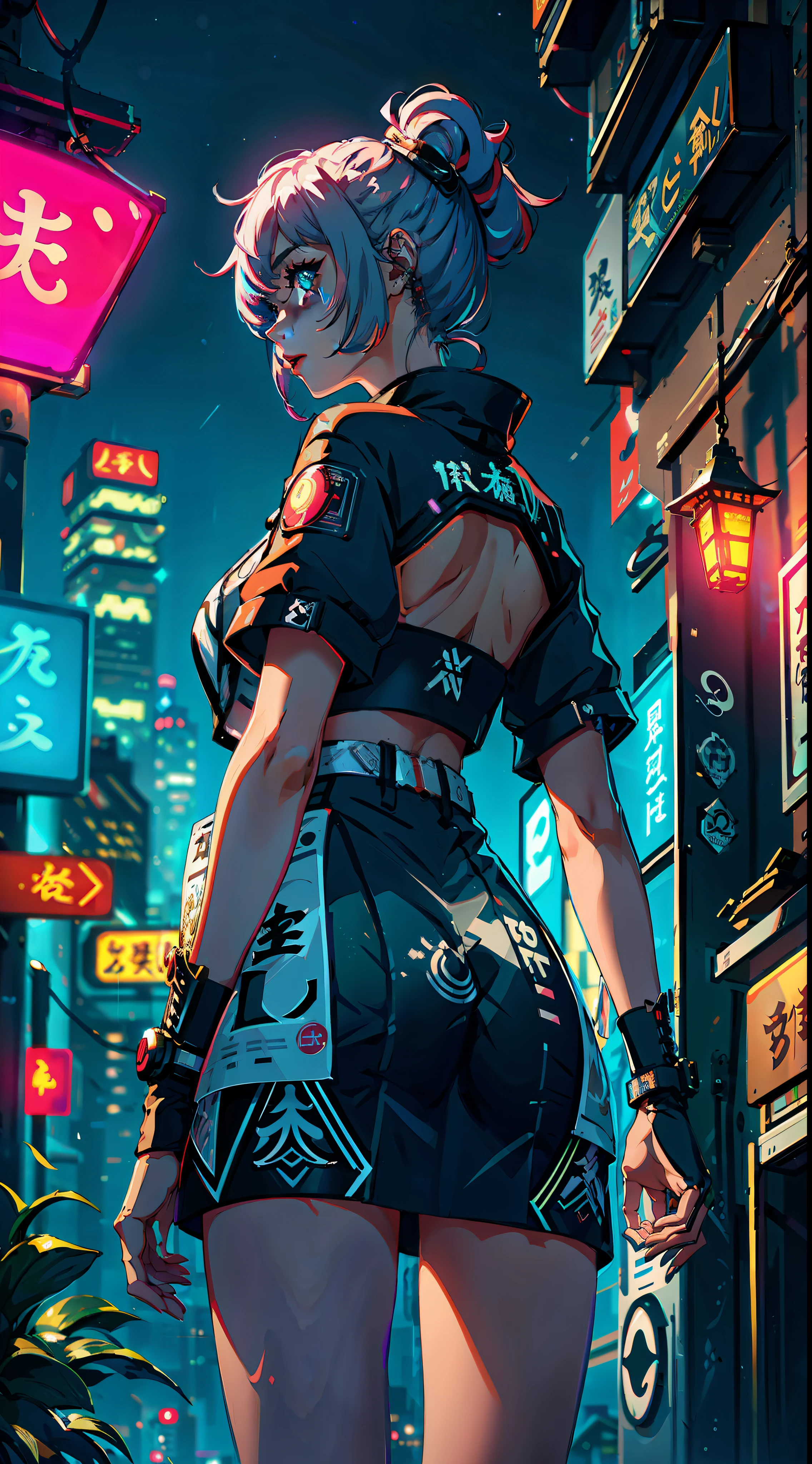 1girl, solo, girl, close up, futuristic outfit, neon samurai, very handsome cyberpunk samurai, cyberpunk samurai, ghost blade style, cyberpunk style, cyberpunk neon style, video game character, synthwave image, cyberpunk, concept art neon glow, moon, lantern, night, solo, outdoor, sky, full moon, rain, mountain, cloud, paper lantern, night sky, reflection,, {{(masterpiece),(extremely detailed CG unity 8k wallpaper), (side boobs), best quality,solo,cinematic lighting,detailed background,beautiful detailed eyes,bright pupils,(an extremely delicate and beautiful),(beautiful and detailed eye description),ultra-detailed,masterpiece,}}, detailed eyes, beautiful eyes, realistic eyes, beautiful eyes, perfect eyes, rear view, (Anamorphic rays, ramen shop), glow, depth of field