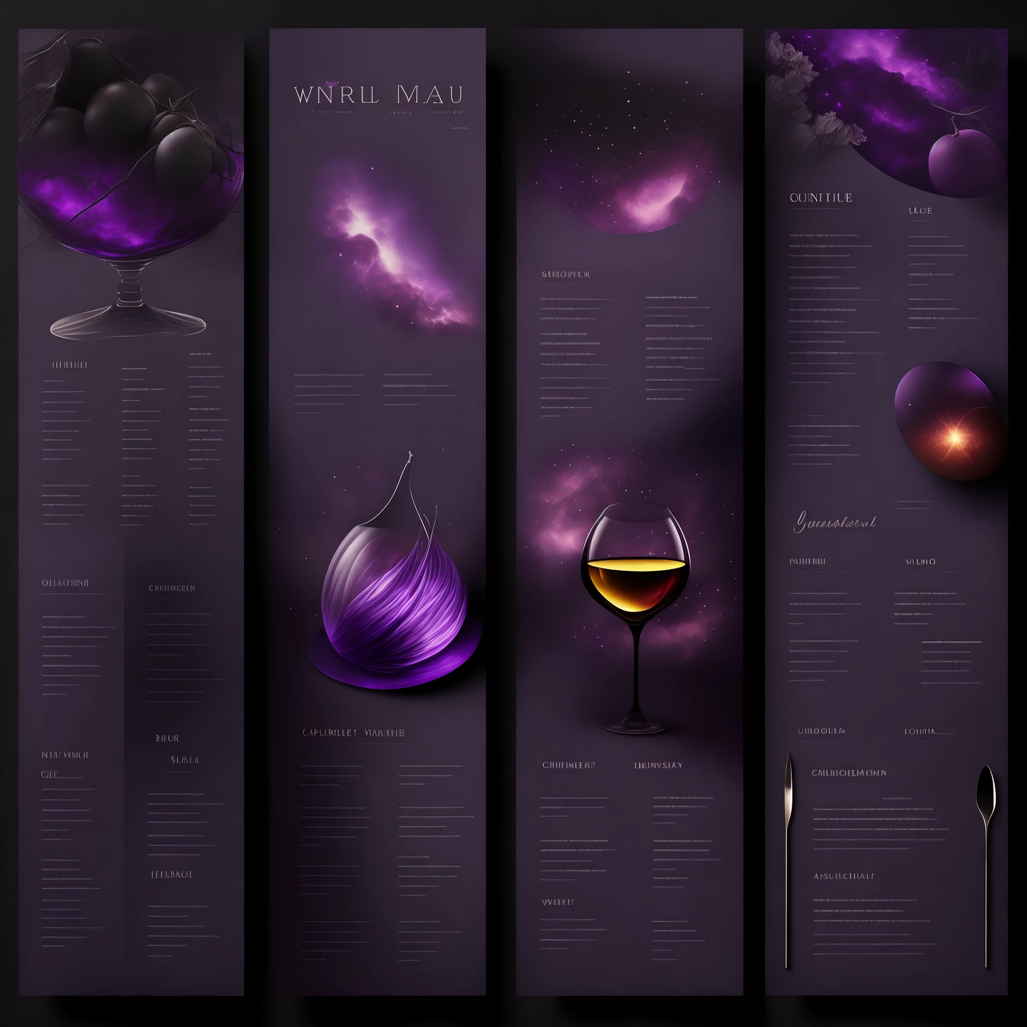 Give me a menu for a wine restaurant, with a chic style. The main color is charcoal purple. The secondary color is black. The meaning behind the images of the shop is the image of the magical universe.