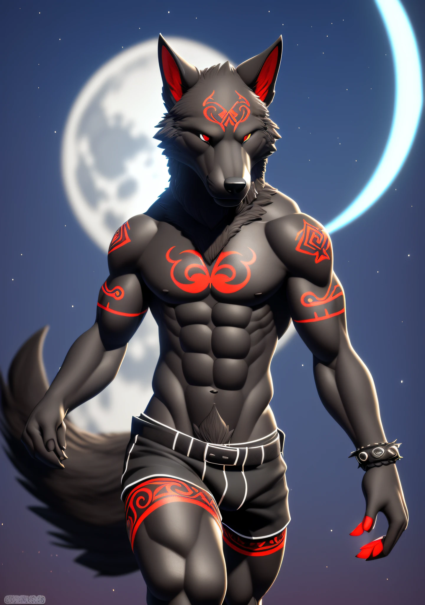 wolf, man, ((black skin, extremely detailed body, detailed paws, serious expression, 4k, 8k, ultra-detailed)) (perfect anatomy), detailed hands, ((heterochromia, blue right eye, red left eye, extremely detailed eyes)), ((chest tattoo, red tattoo, waning moon tattoo)), full body vision, cinematic lighting, professional lighting, centered, looking at camera, 8k, 3d shader, maximum focus, depth of field,  perfect lighting, light particles, (best quality), sharp focus, light particles, standing, black shorts, standing, detailed legs, detailed paws,