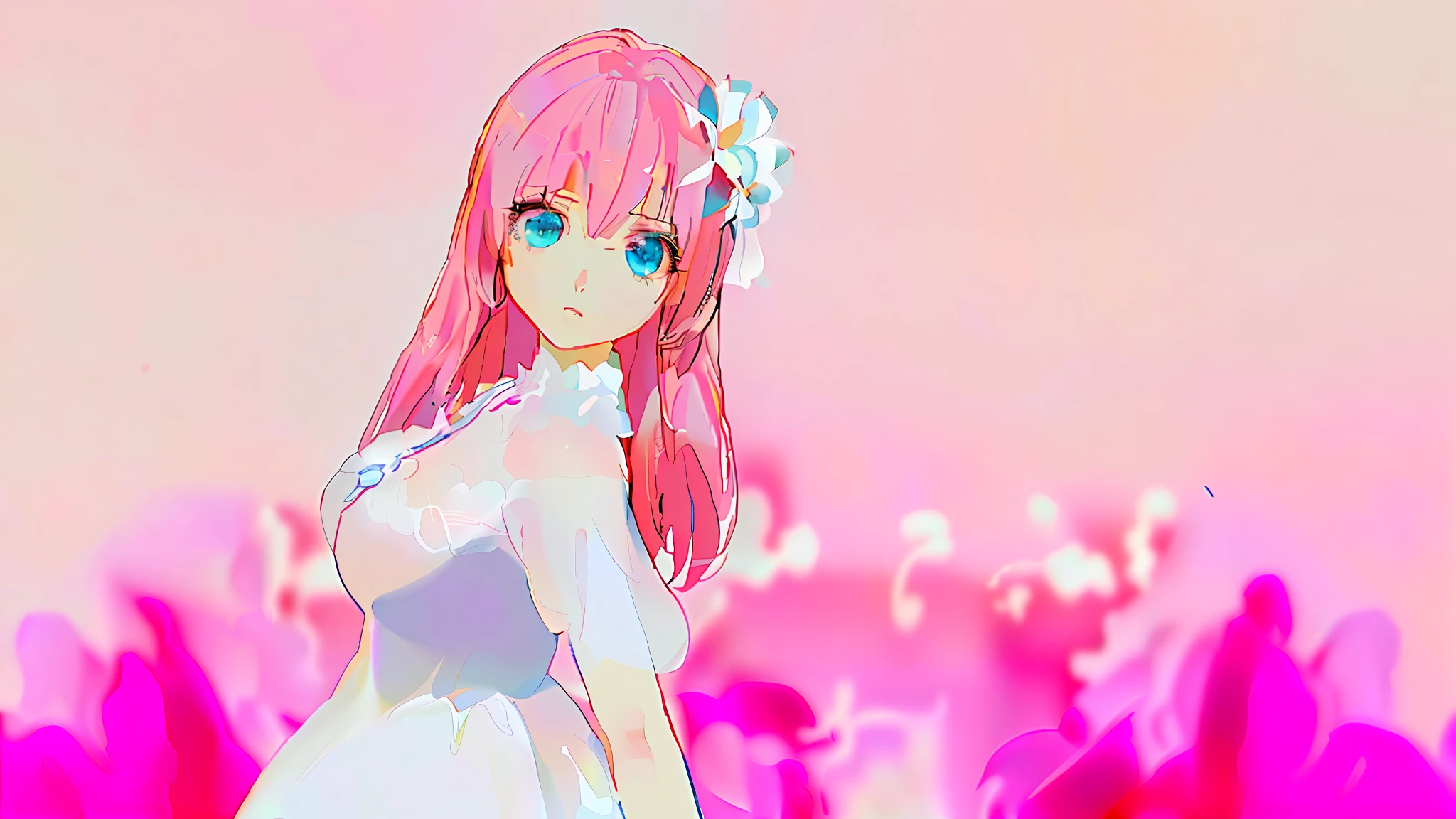 anime girl in white dress with pink flowers in background, made with anime painter studio, anime stylized, anime artstyle, anime styled 3d, pretty anime girl, stylized anime, digital anime art!!, pink twintail hair and cyan eyes, soft anime illustration, painted in anime painter studio, anime style. 8k, beautiful anime girl