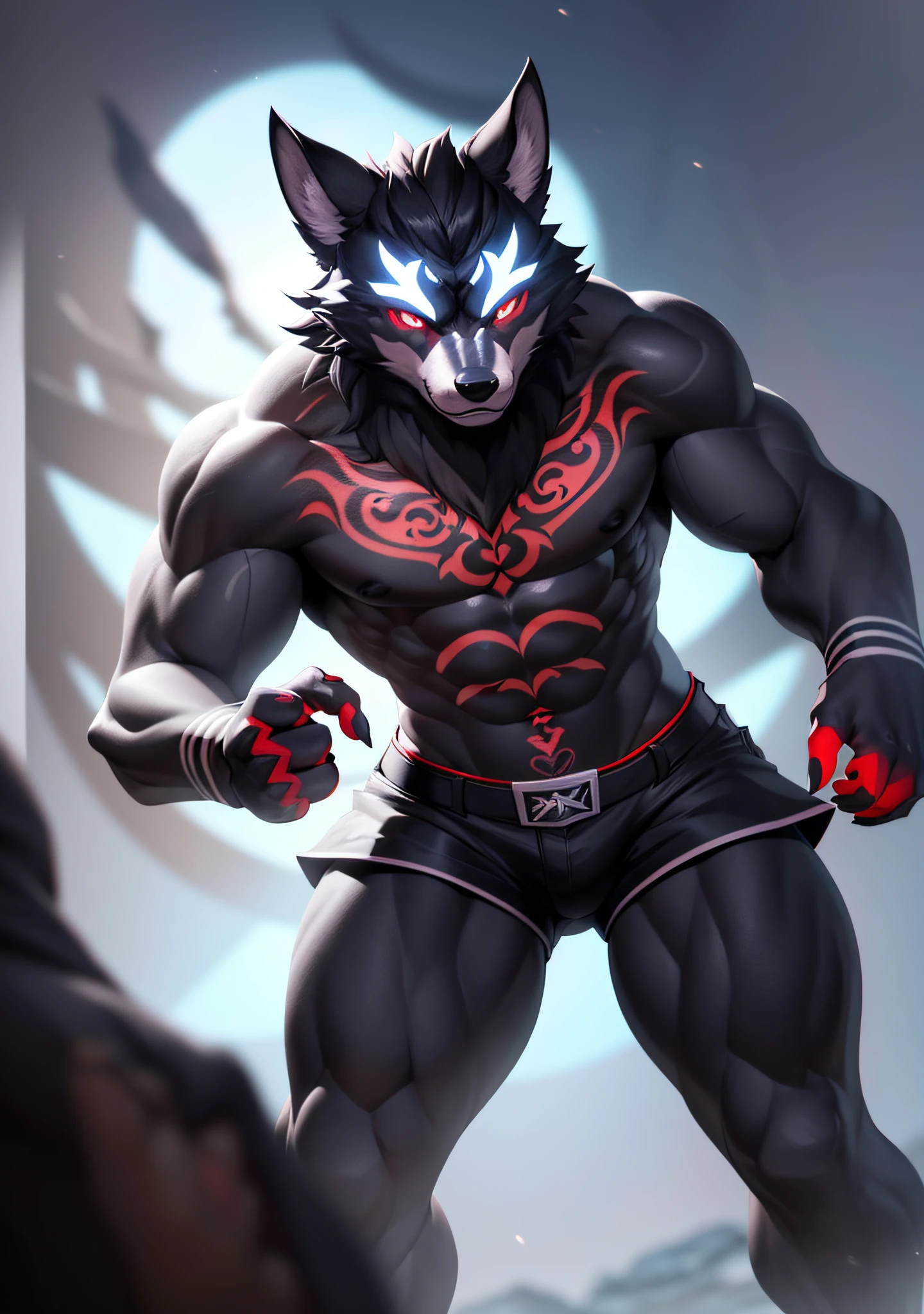 wolf, man, ((black skin, extremely detailed body, detailed paws, serious expression, 4k, 8k, ultra-detailed)) (perfect anatomy), detailed hands, ((heterochromia, blue right eye, red left eye, extremely detailed eyes)), ((chest tattoo, red tattoo, waning moon tattoo)), full body vision, cinematic lighting, professional lighting, centered, looking at camera, 8k, 3d shader, maximum focus, depth of field,  perfect lighting, light particles, (best quality), sharp focus, light particles, standing, black shorts, standing, detailed legs, detailed paws,