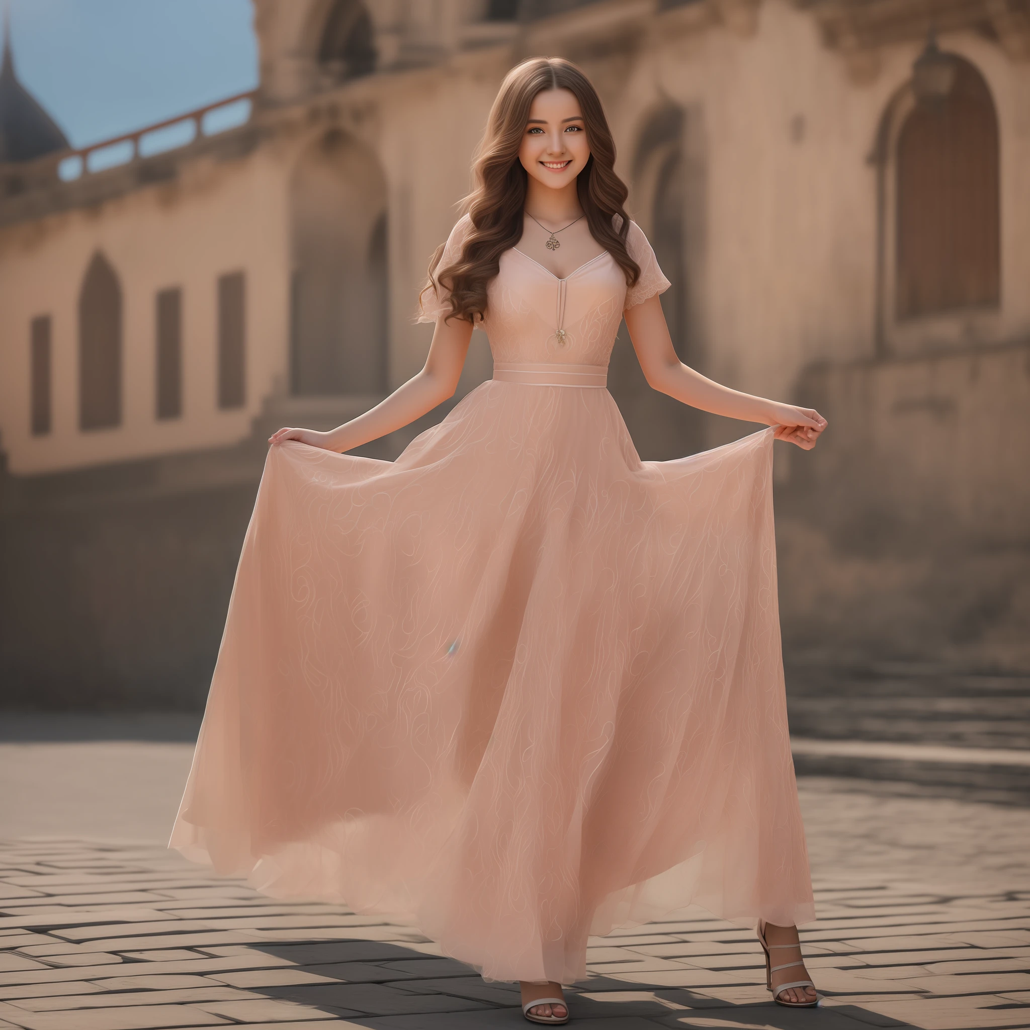 masterpiece), best quality, realistic, ultra-detailed CG, 8k HDR wallpaper, portrait of a beautiful 23-year-old Hungarian girl named Bobungda Tuni, wearing a dress, full-body pose, eye-catching smile on her face, isolated from the background, alone, single image