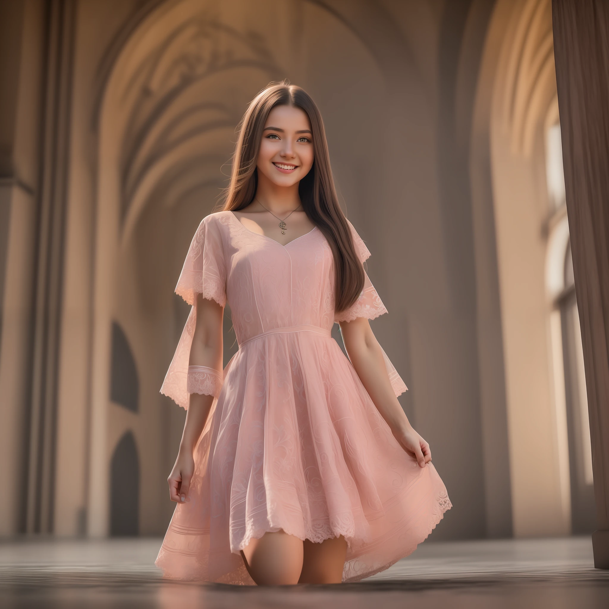 masterpiece), best quality, realistic, ultra-detailed CG, 8k HDR wallpaper, portrait of a beautiful 23-year-old Hungarian girl named Bobungda Tuni, wearing a dress, full-body pose, eye-catching smile on her face, isolated from the background, alone, single image