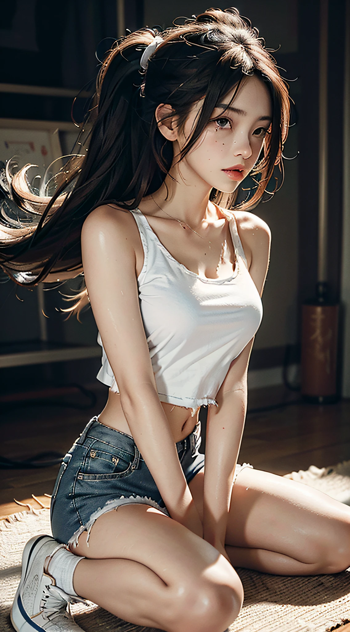 Best Quality, Masterpiece, Ultra High Resolution, (Fidelity: 1.4), Photo, 1 Girl, White Shirt, Torn Denim Shorts, White Sneakers, Dim, Darkness, Despair, Mercy, Pity, Movie, Tears, Teardrops, (Torn Clothes: 1.5), Bare Shoulders, Long Hair,..