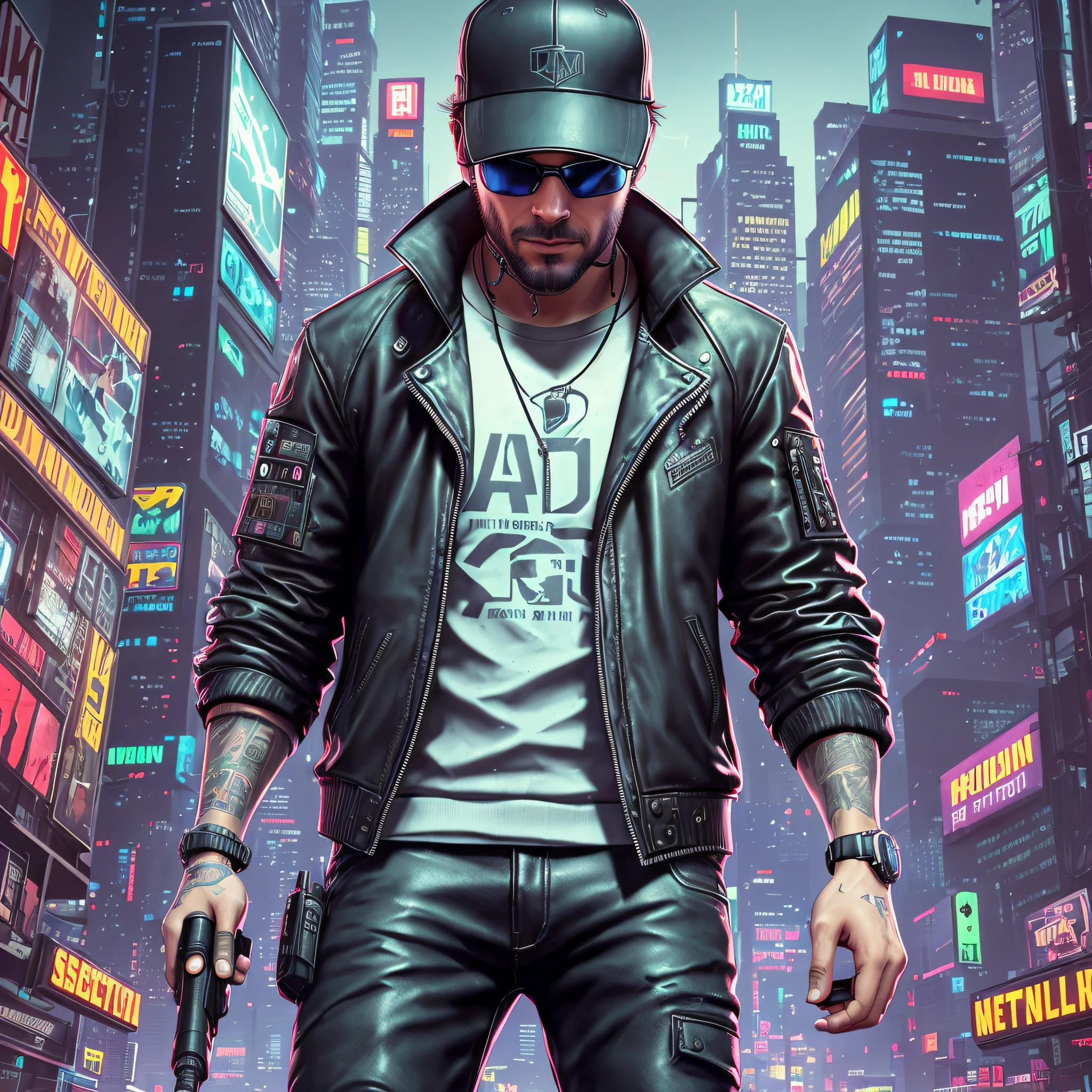 a man in a baseball cap and leather jacket standing in front of a city, aiden pearce, cyberpunk street goon, watch dogs game, beaten tech. neo noir style, cyberpunk dude, cyberpunk noir, promo art, cyberpunk character, ( ( cyberpunk ) ), neo noir, artgem and beeple masterpiece, cyberpunk character art, tech-noir, portrait of a cyberpunk man --auto --s2