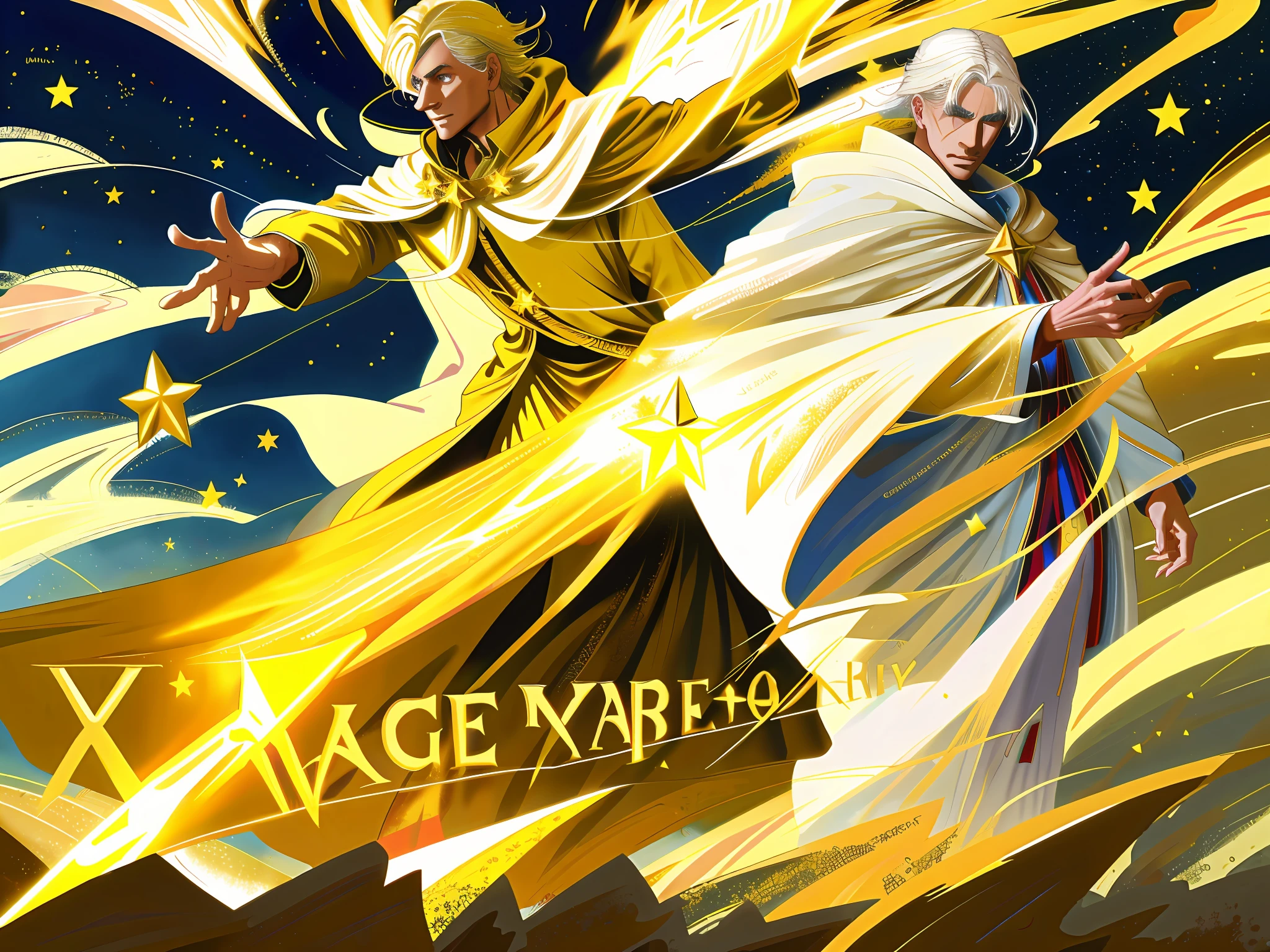 Blonde wizard wearing gold cape on the front of a watch. Walking next to a white-haired wizard with star cape