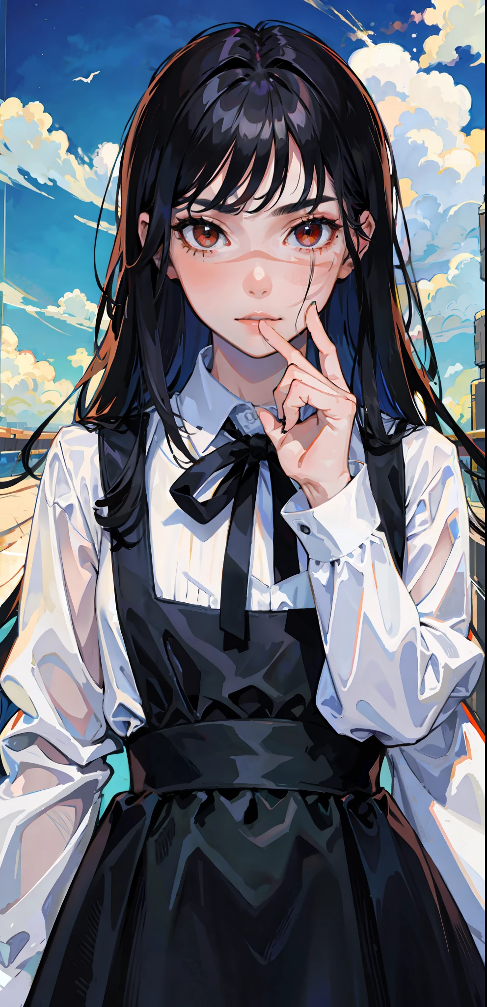 ((masterpiece, best quality)), (1girl), (solo), (female focus), yoru\(chainsaw man\),(very detailed face, real image, realistic white skin, realistic body, intricate details), upper body, focus on face, psycho face, psycho eyes, black hair, long hair, intimidating look, pinafore dress, long sleeve shirt, neck ribbon, small breasts, moon, night, sky, clouds