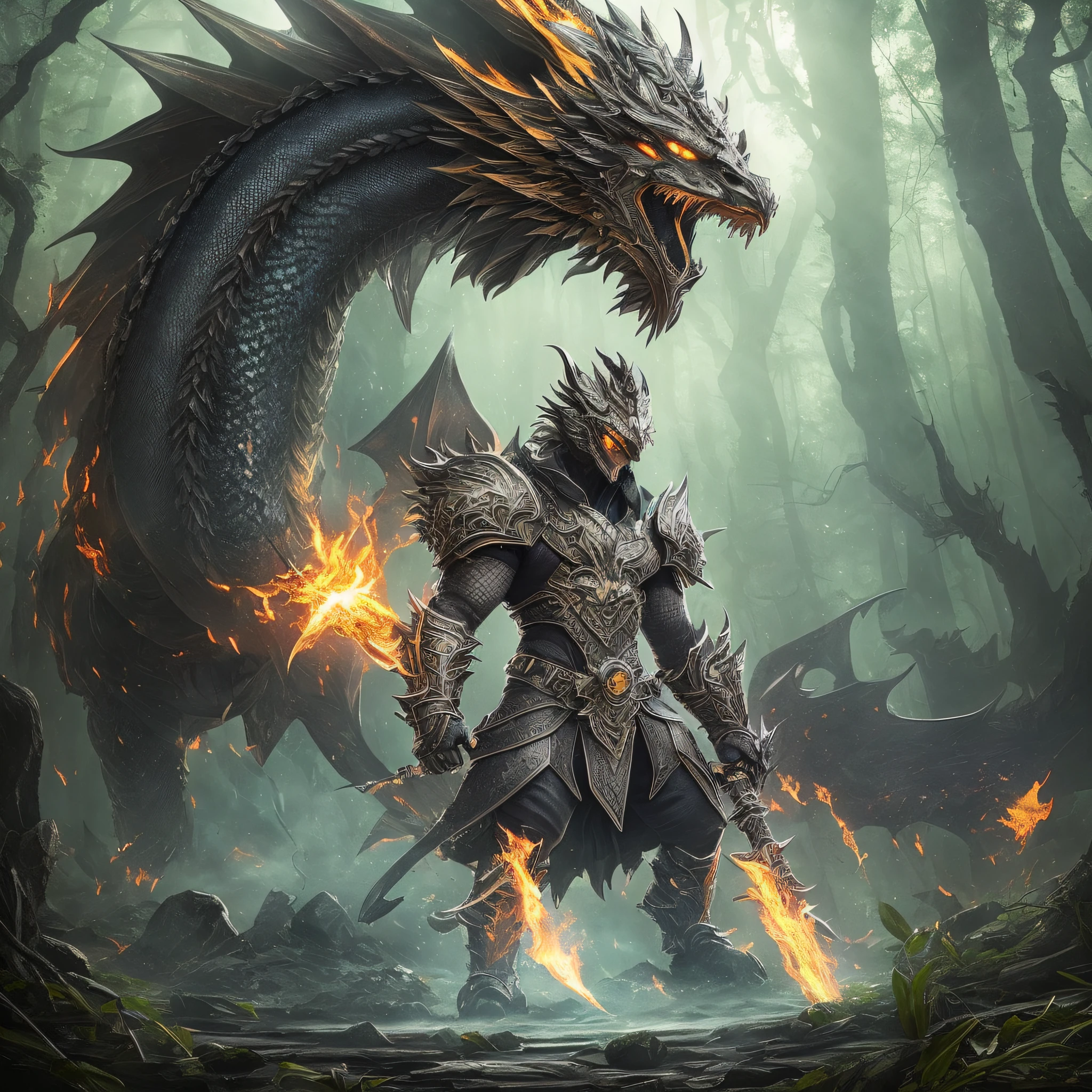Create an epic illustration of the Varnathi Warrior in action, in the iconic style of Yoshitaka Amano. Varnathi, an imposing warrior, possesses a powerful physical structure, with spiky black hair and eyes intense like dragon flames. His gleaming armor combines metallic and golden tones, highlighting his divine nature. With a shining sword in hand, Varnathi stands out in a mysterious forest, with towering trees in the background. A majestic dragon rises from the heavens, its iridescent scales reflecting the sunlight. The confrontation between Varnathi and the dragon creates a moment of pure intensity and power., Conceptual art, high detail, cinematic lighting, optical illusion, UHD, masterpiece, textured skin, super detail, high quality, 1080P, 8k --auto --s2