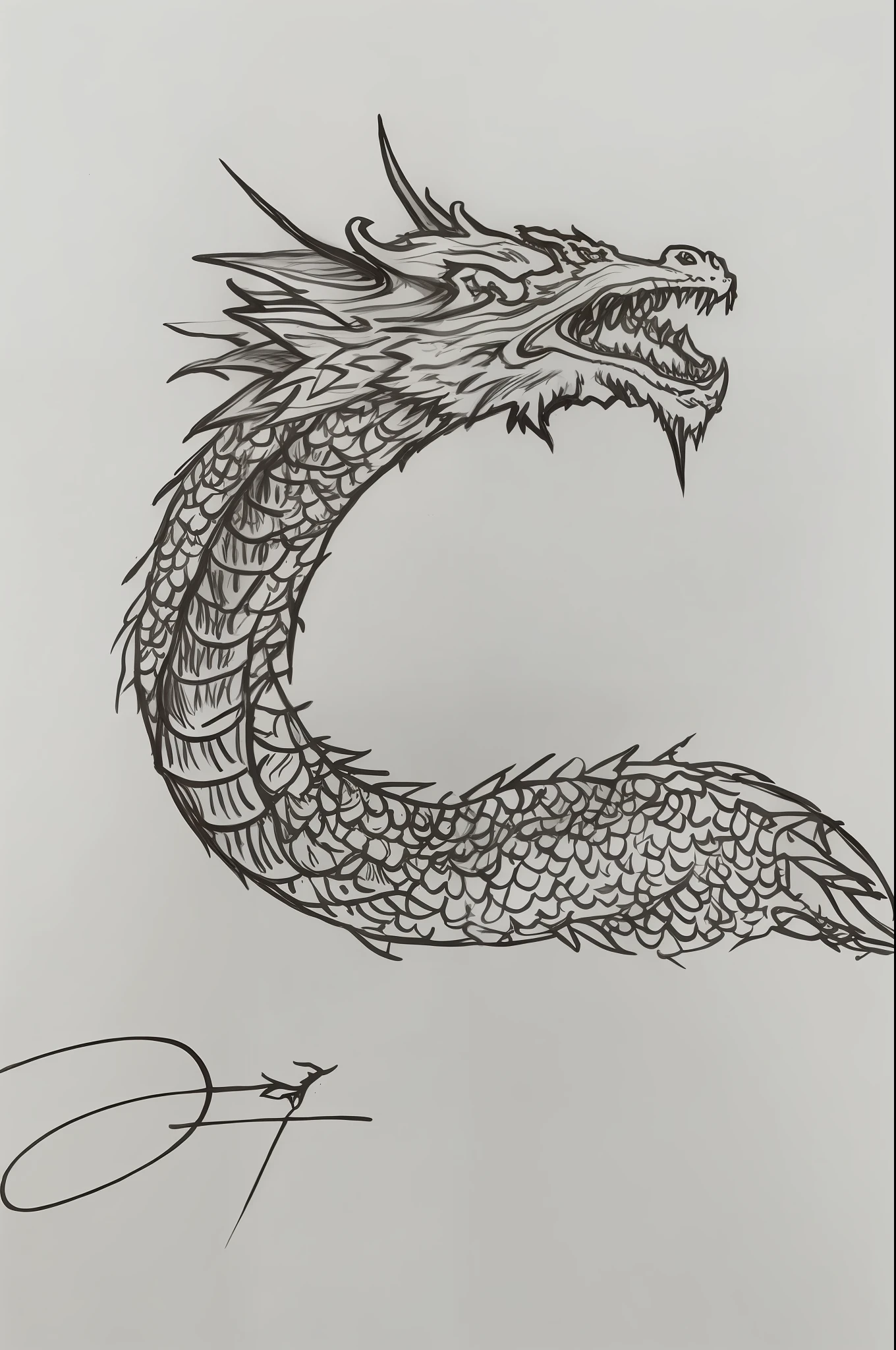 a drawing of a dragon with a long tail and a sharp sharp nose, jormungandr, curved horned dragon!, jörmungandr, drawn in fine-tip pen, a dragon, drawn on paper, (inktober), dragon!, dragon, detailed dragon, detailed ink drawing, dragon art, by Sava Šumanović, pen sketch