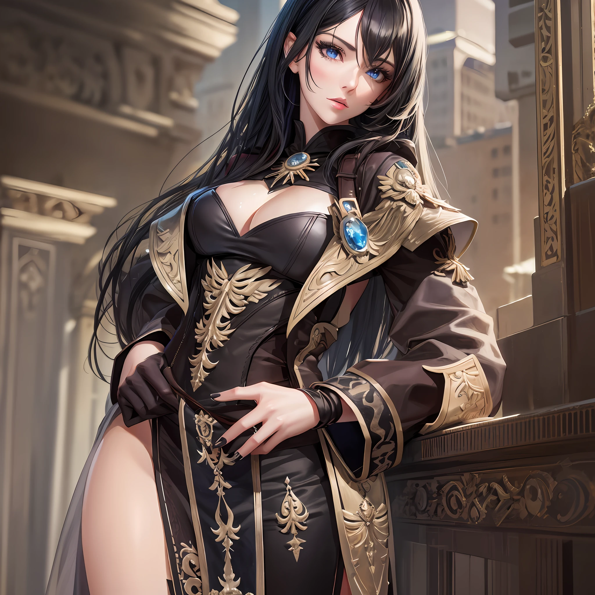 Beautiful tall woman with black hair and super realistic bluish eyes well detailed