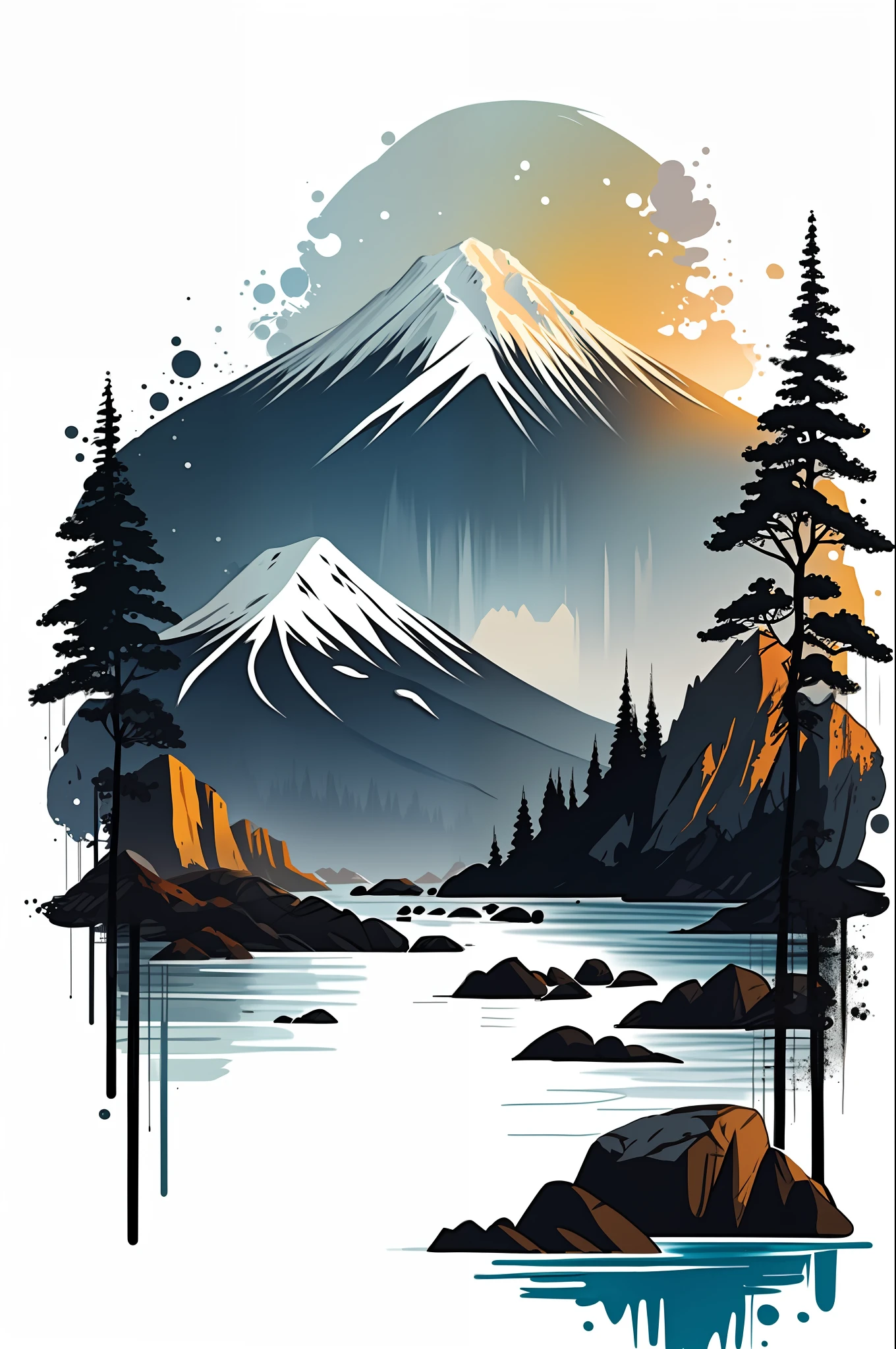 white background, landscape, paint, mountains, water, trees, t-shirt design, vector art