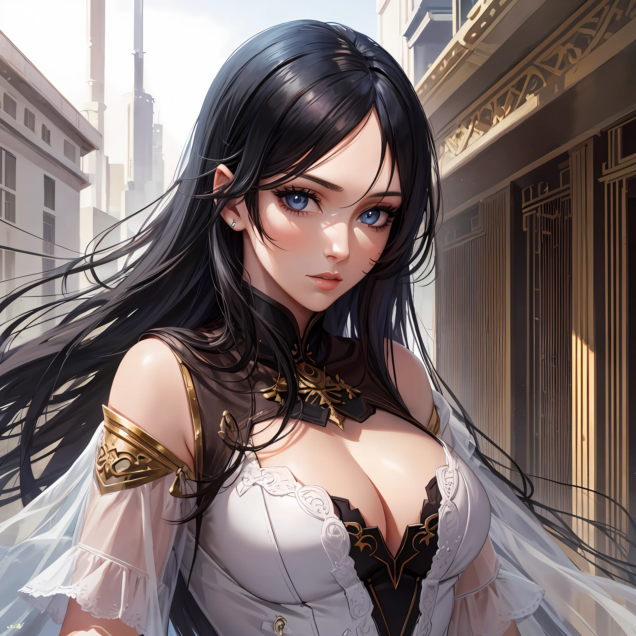 Beautiful tall woman with black hair and super realistic bluish eyes well detailed