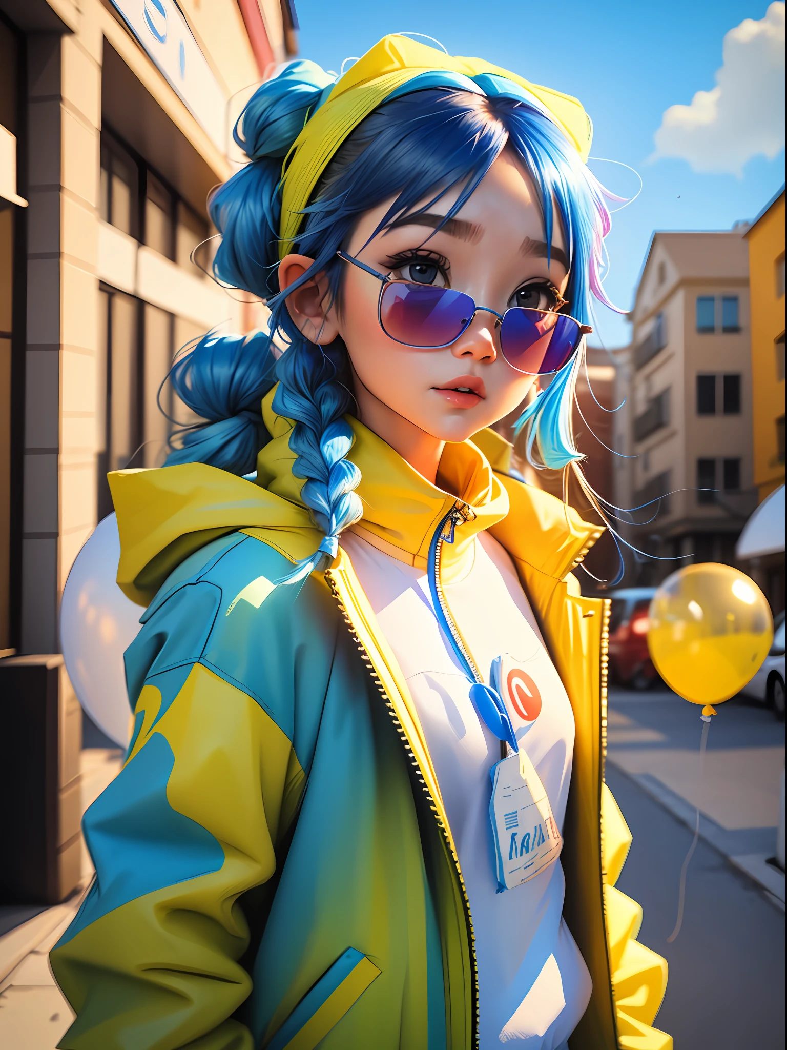 Loli girl, beautiful and cute, wearing blue sunglasses, yellow jacket, white sweatshirt, lots of colorful balloons, baby face, chibi style, red and blue two-color hair, ponytail braided hair, perfect detail eyes, delicate face, perfect CG, HD picture quality, colorful balloons, sky, --auto --s2