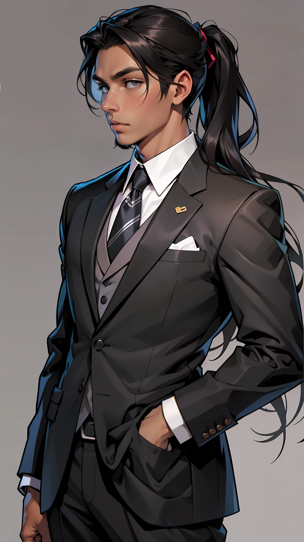 Teenage man in suit, long black hair, brown skin, thin defined, realistic --auto --s2