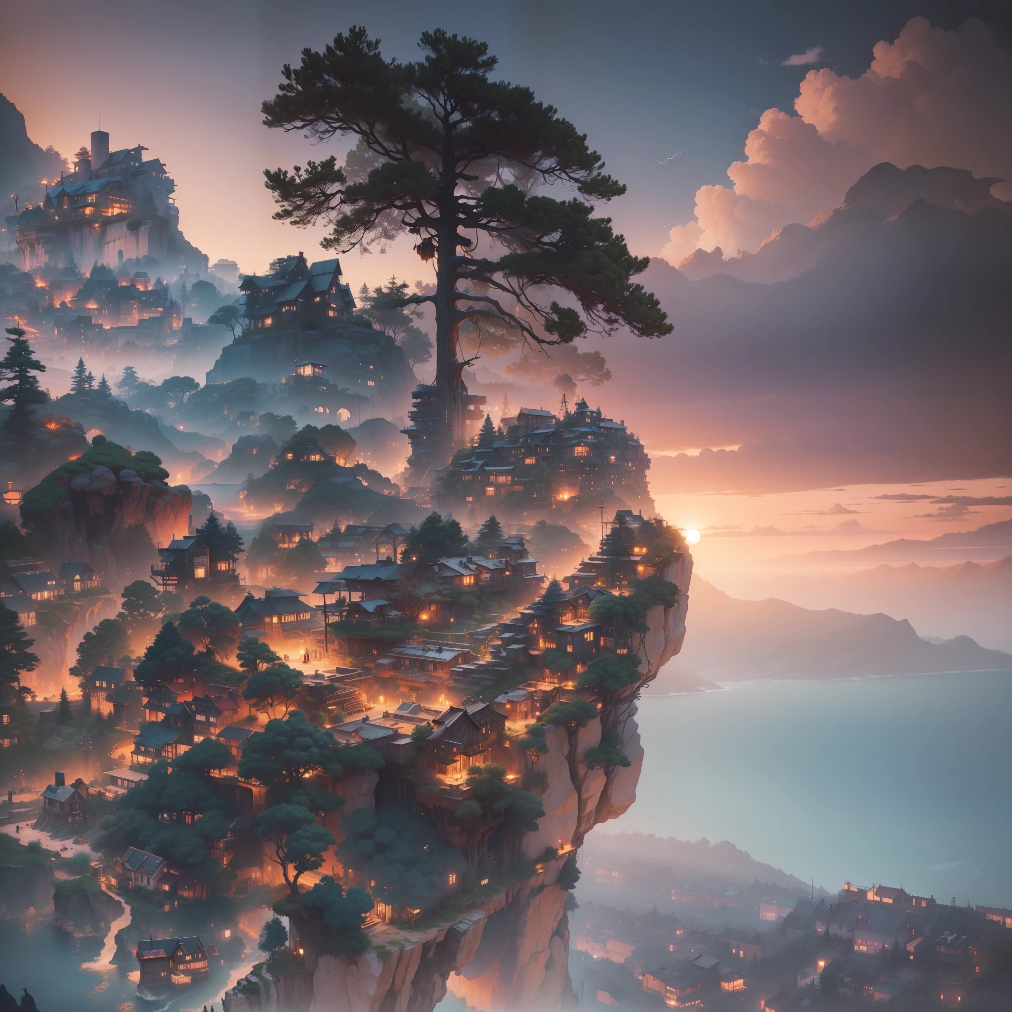 turn this picture into an watercolor, pine tree, beautiful landscape, sea, amazing architecture, amazing sunset, village, saylor ship, inkpunk, cyberpunk, steampunk, mixpunk, ultra detailed, 8k, vibrant colors, --auto --s2