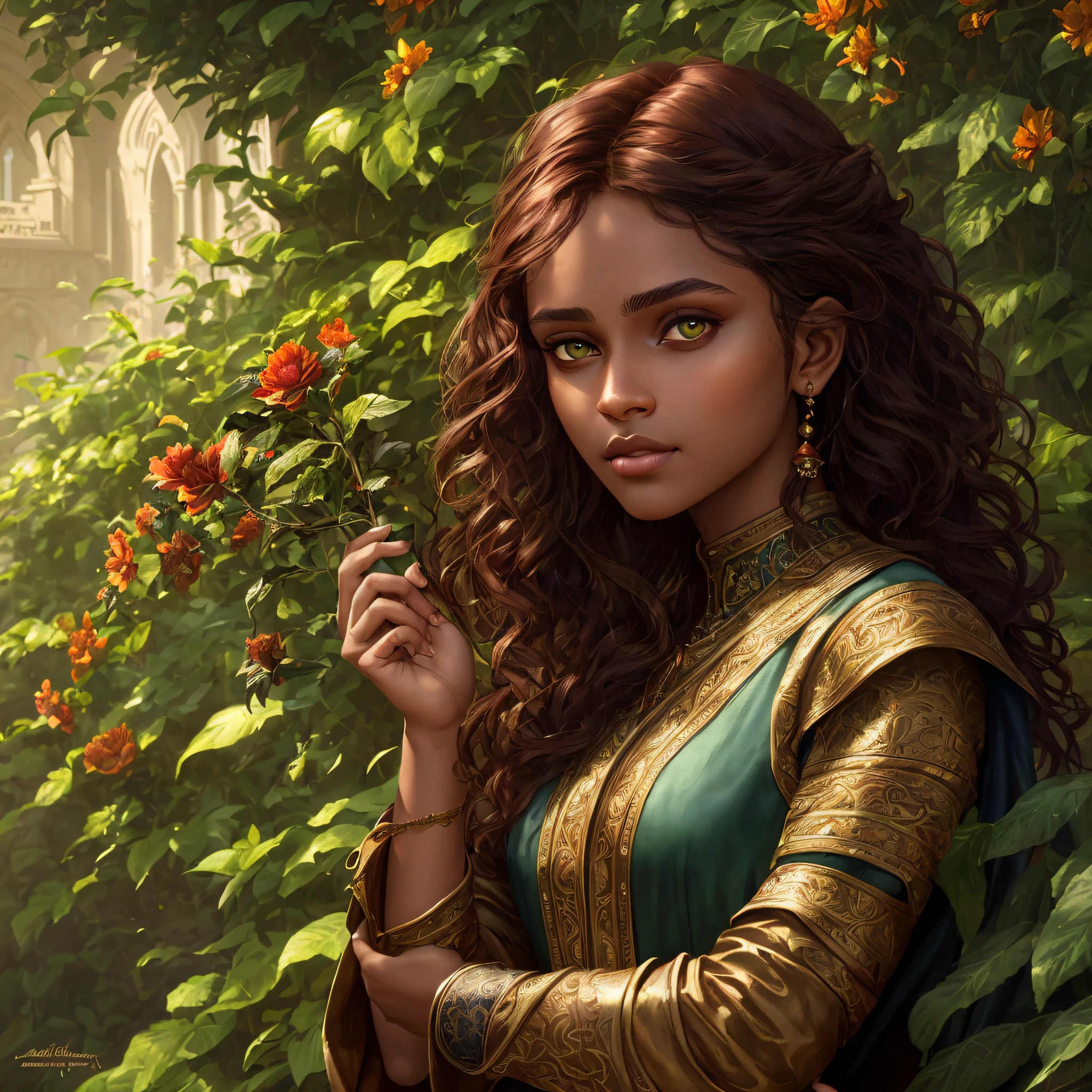 raudha athif, green eyes, brown skin, dark skin, detailed, beautiful, 18 years old, reddish brown hair, dark red golden hair, medium, curly, armed and messy hair, detaiiled perfect green eyes, delicate symmetric realistic and beautiful face, (sunny garden backgroung), medieval lady dress, full body, masterpiece, fine detail, rich colors, dramatic lighting, extremely detailed, cinematic lighting hyperdetailed painting, luminism, Bar lighting, complex, 4k resolution concept art portrait by Greg Rutkowski, Artgerm, WLOP, Alphonse Mucha, little fusion pojatti realistic goth: a stunning realistic photograph