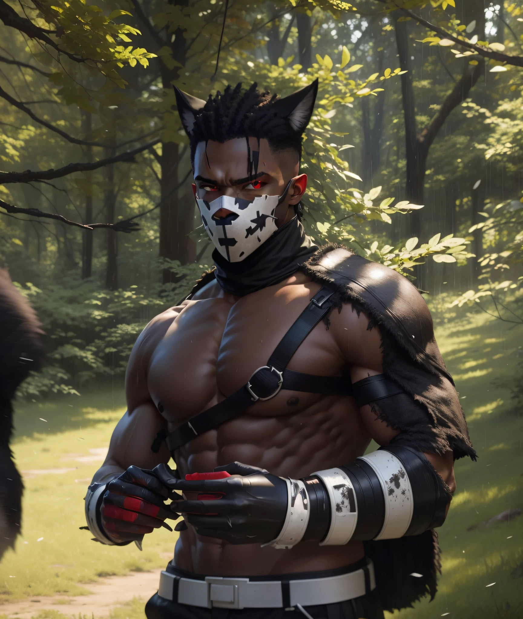 (make this image realistic) 8k, black man with wolf ears,(red eyes), muscular, (dark forest background raining blood)